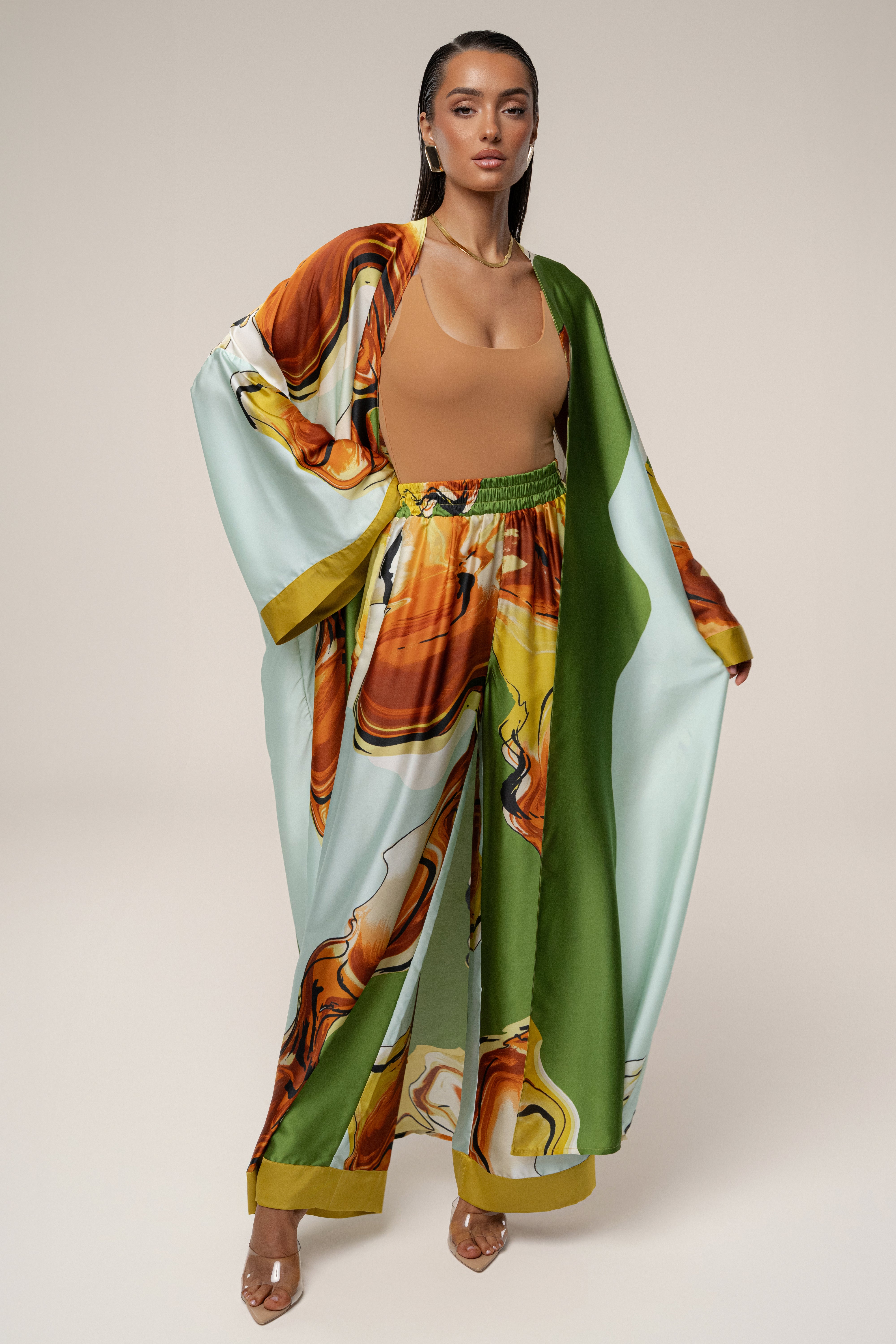 Green Tropical Print Jet Set Wide Leg Pants - JLUXLABEL