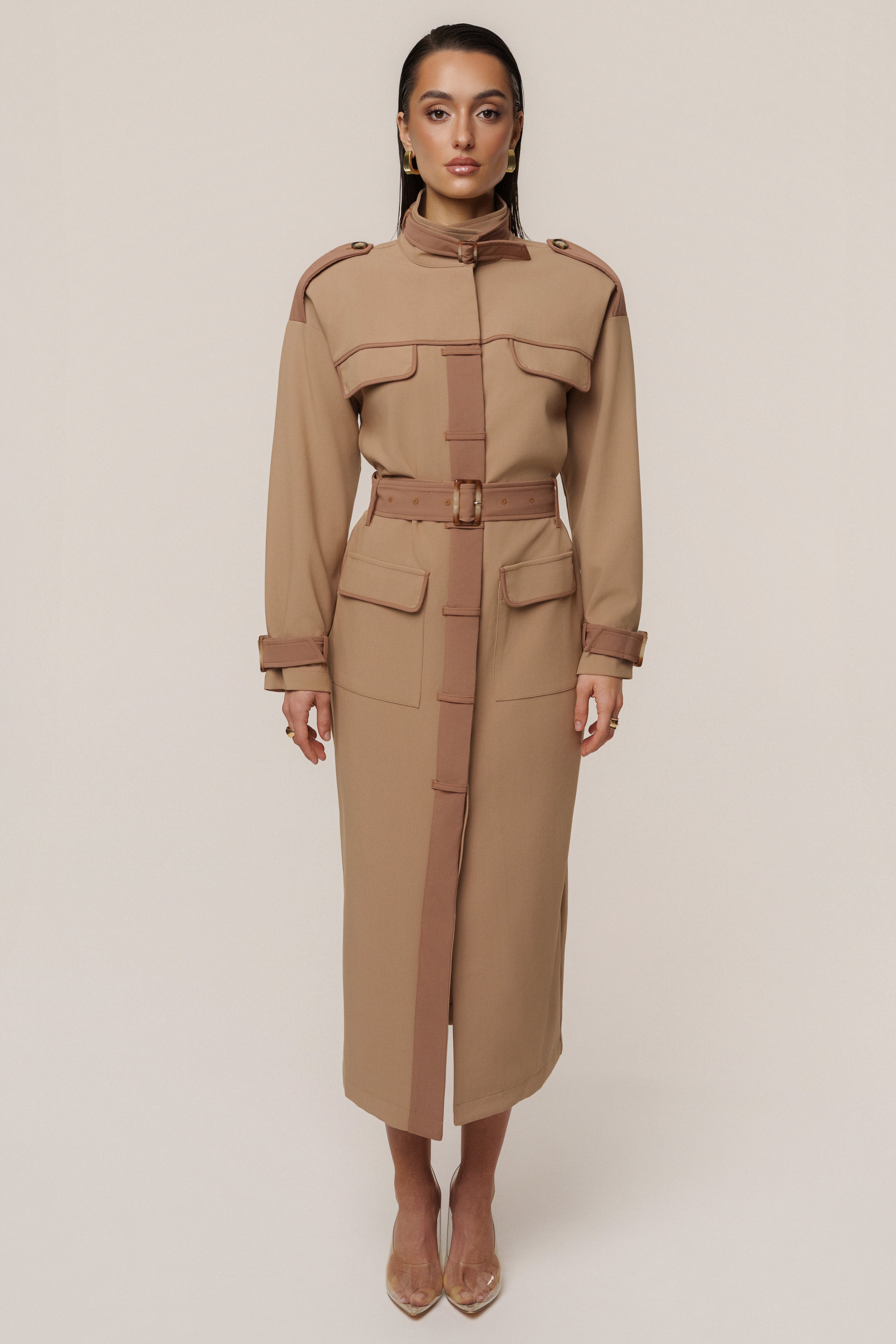 Beige Icon Belted Midi Dress - JLUXLABEL