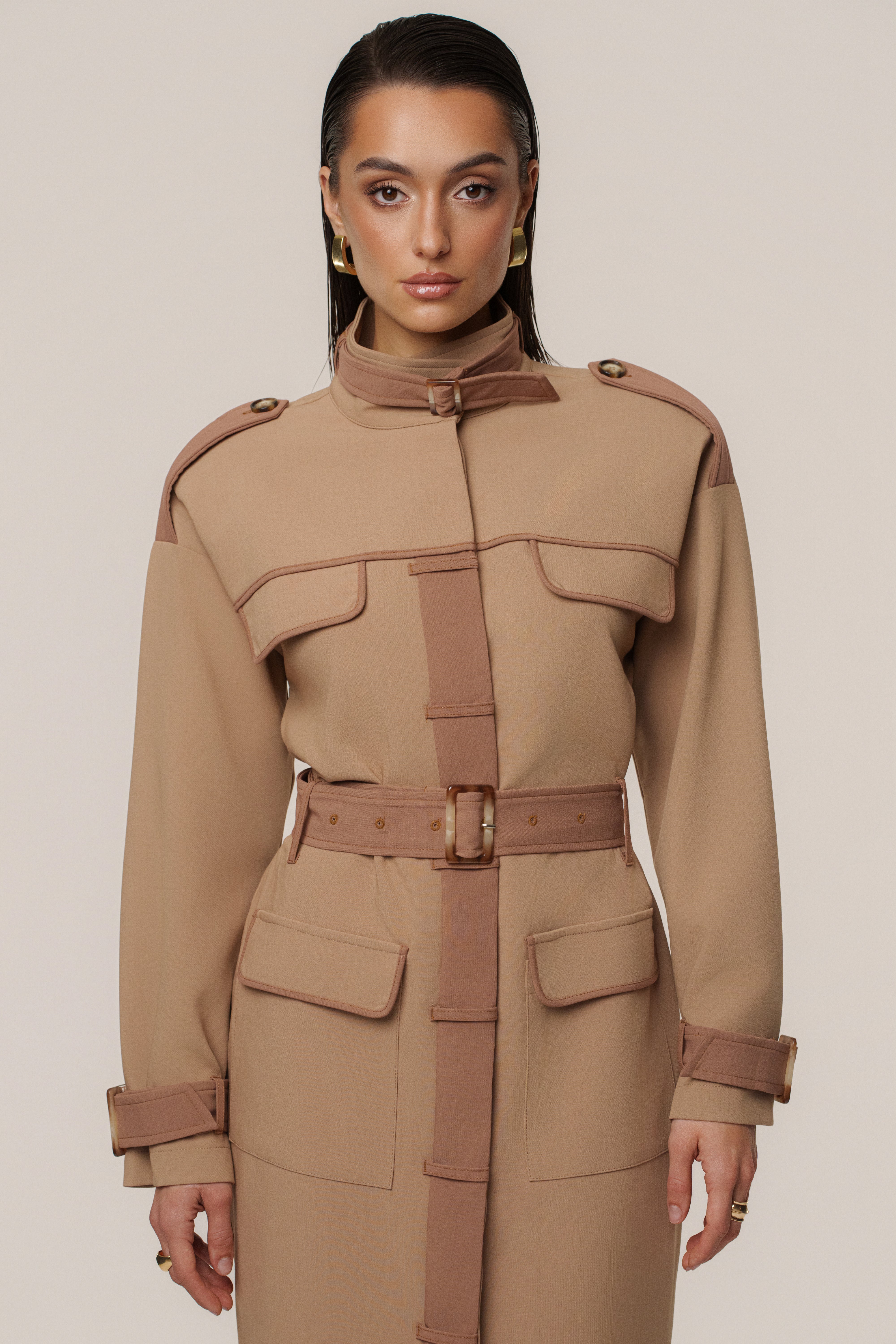 Beige Icon Belted Midi Dress - JLUXLABEL