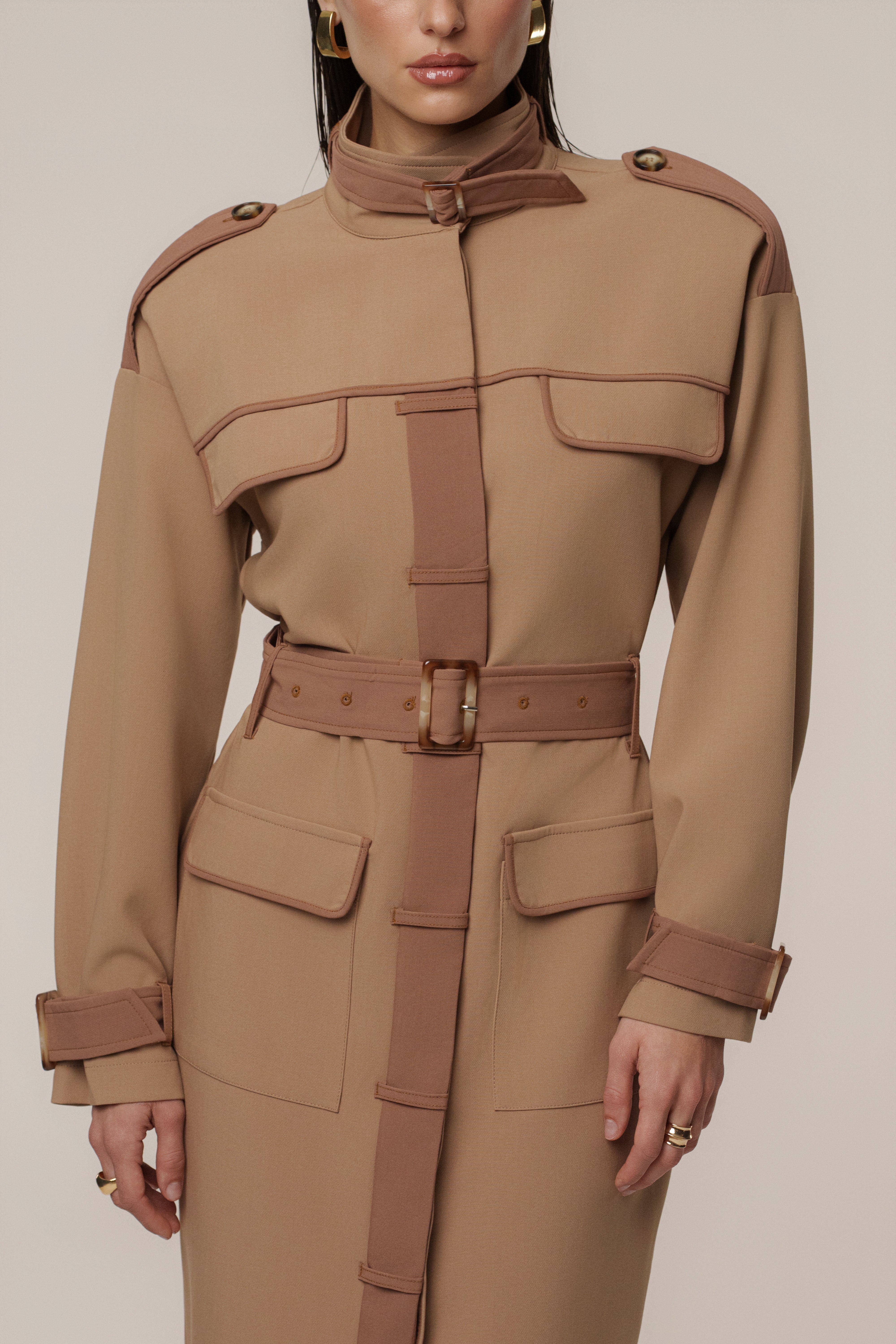 Beige Icon Belted Midi Dress - JLUXLABEL