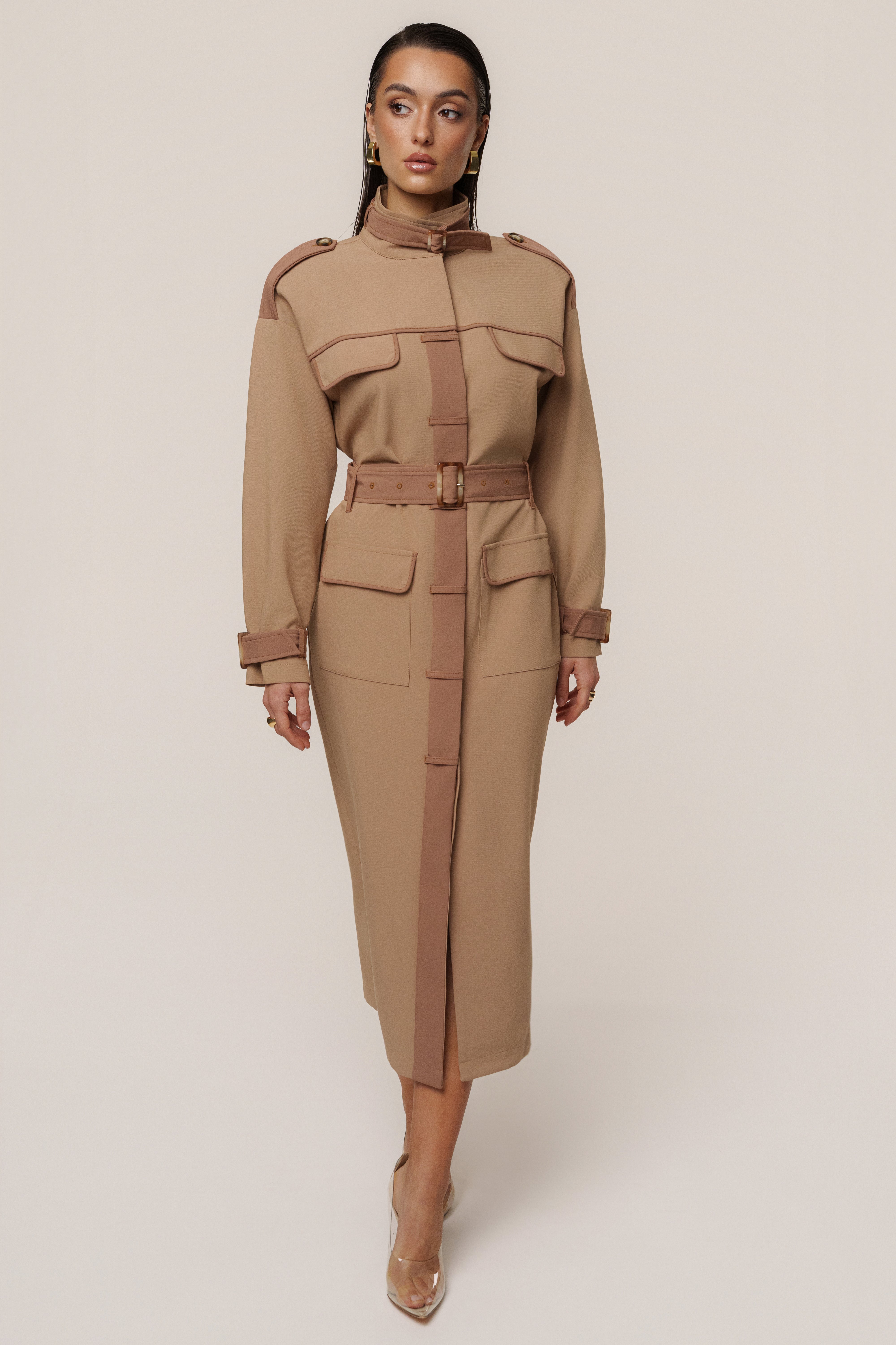 Beige Icon Belted Midi Dress - JLUXLABEL