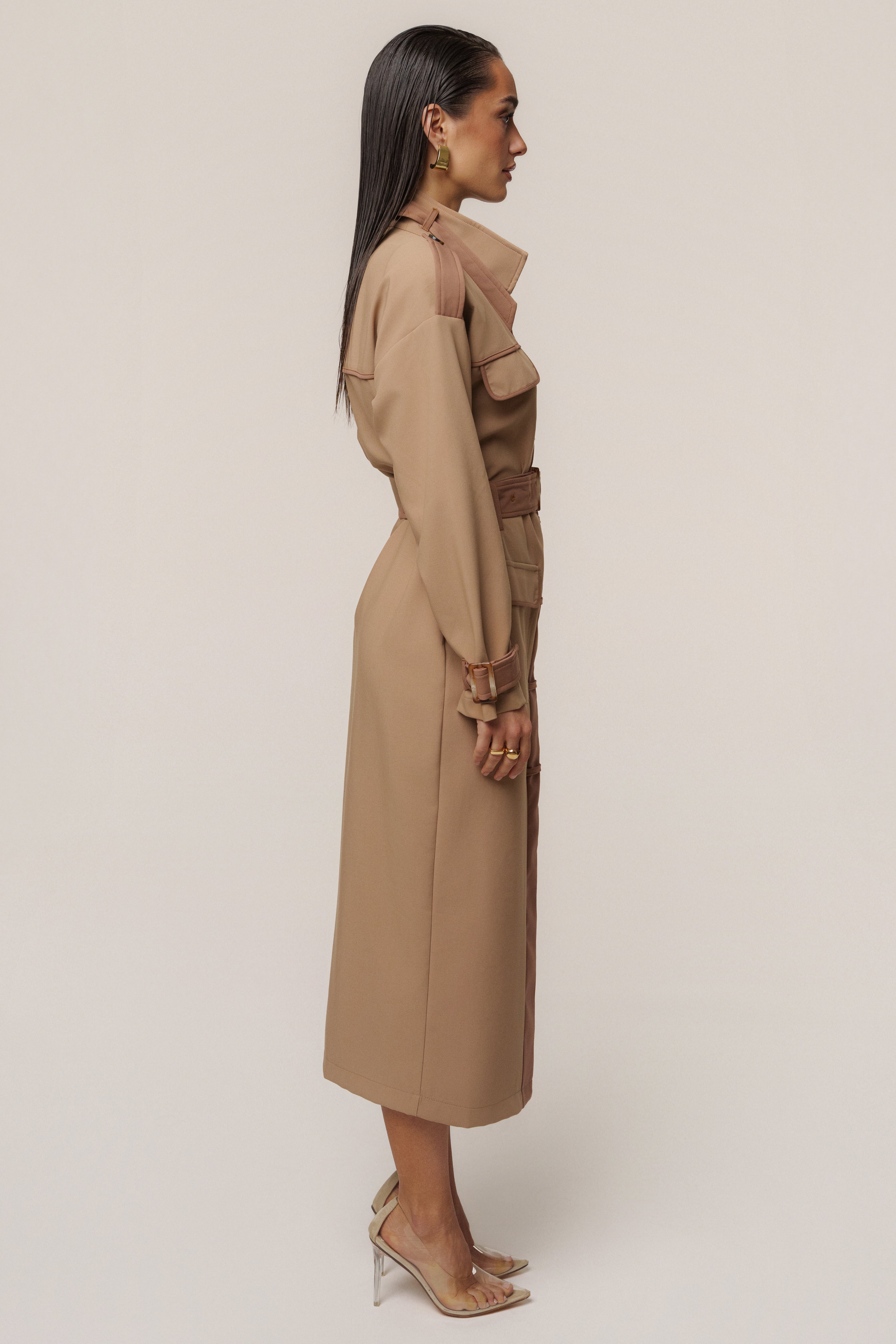 Beige Icon Belted Midi Dress - JLUXLABEL