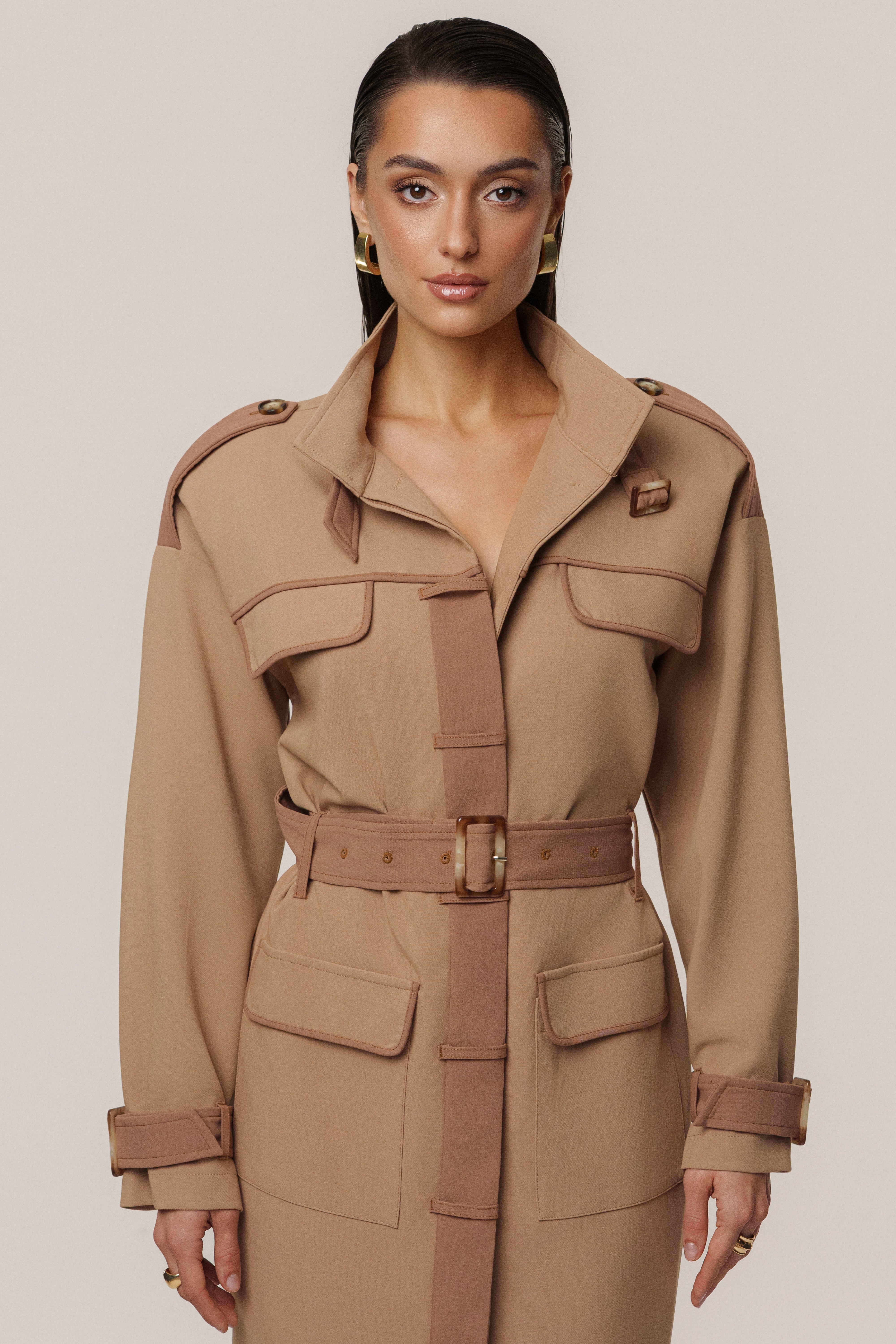 Beige Icon Belted Midi Dress - JLUXLABEL