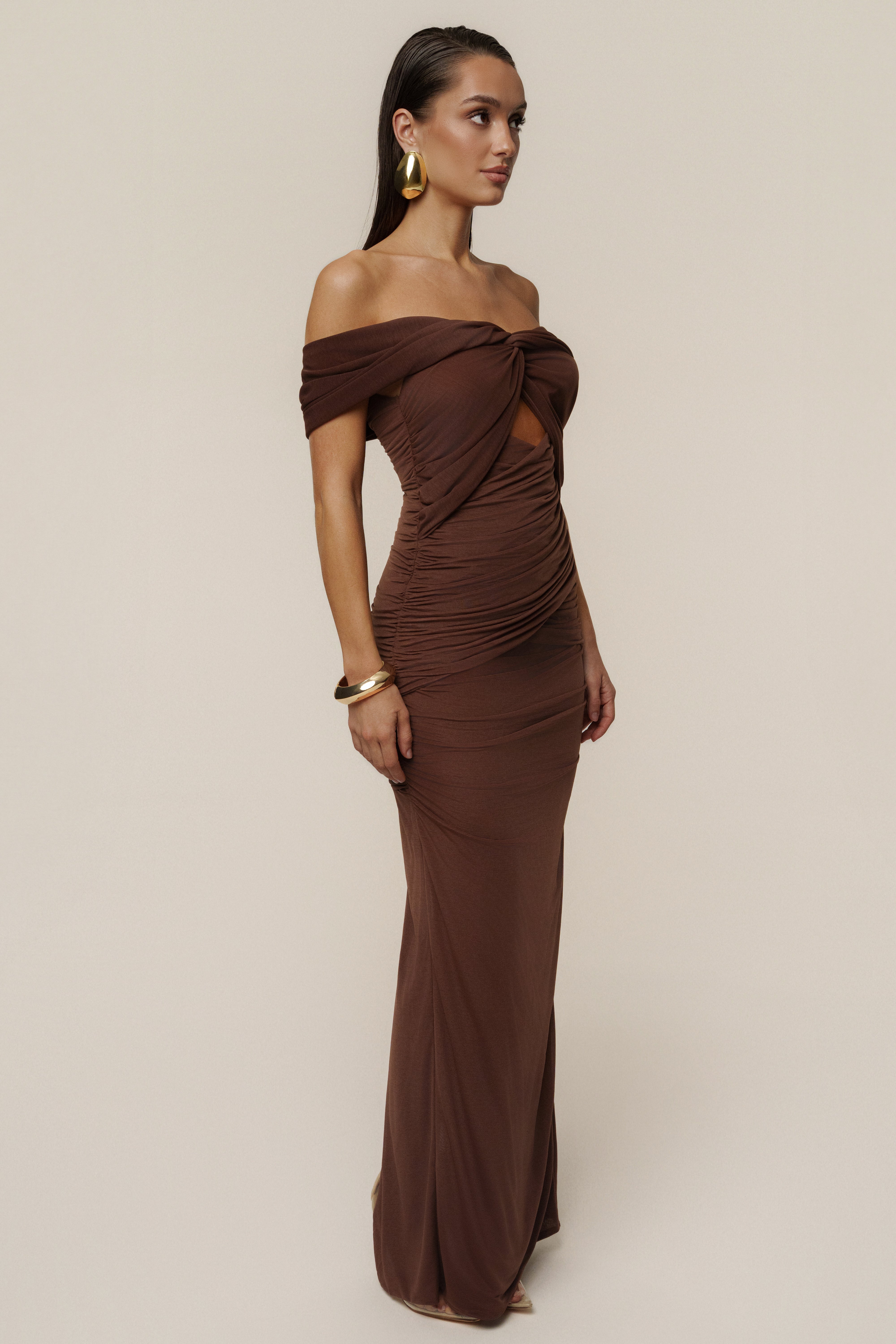 Chocolate Alessandra Off Shoulder Maxi Dress - JLUXLABEL