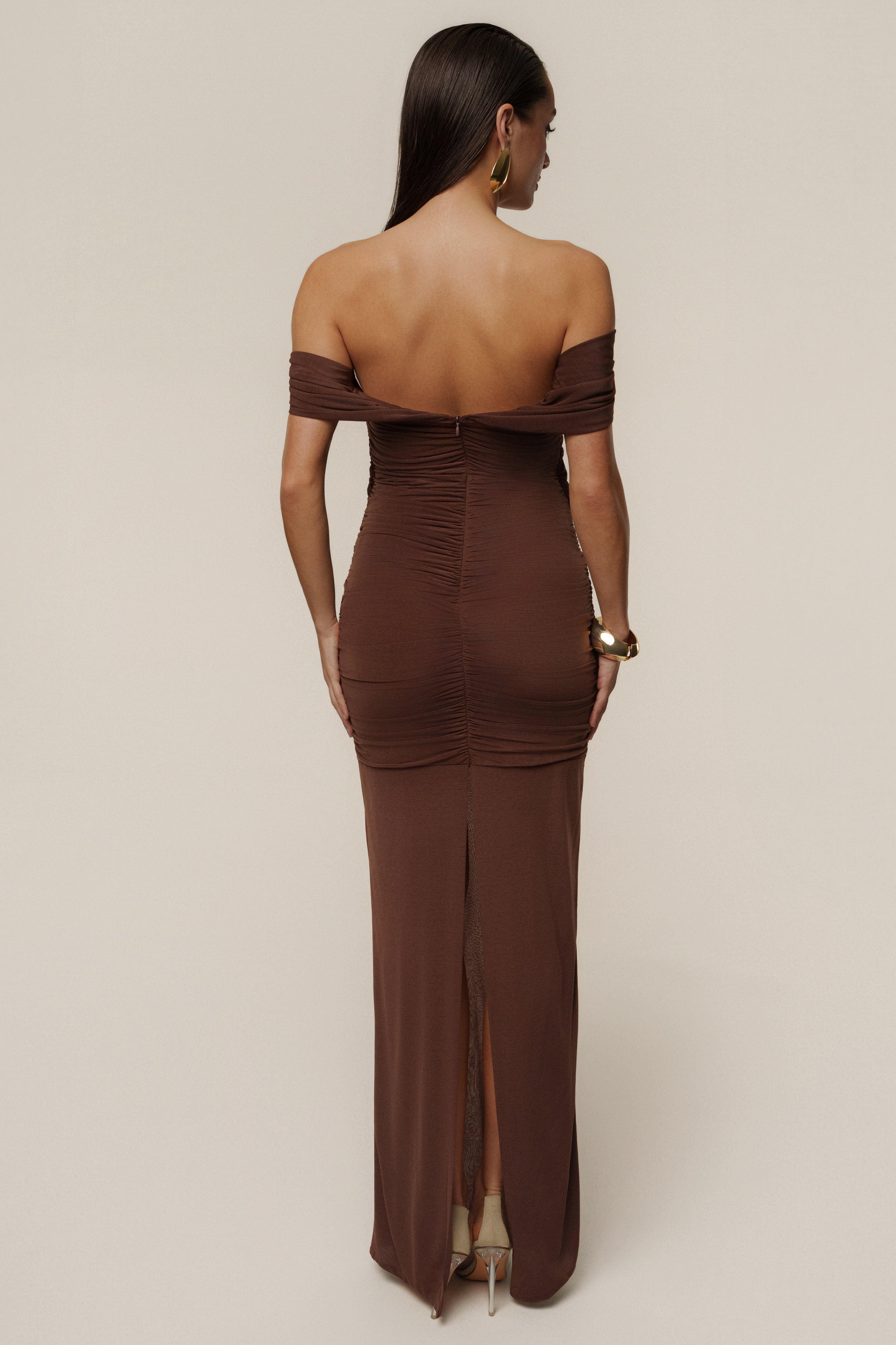 Chocolate Alessandra Off Shoulder Maxi Dress - JLUXLABEL