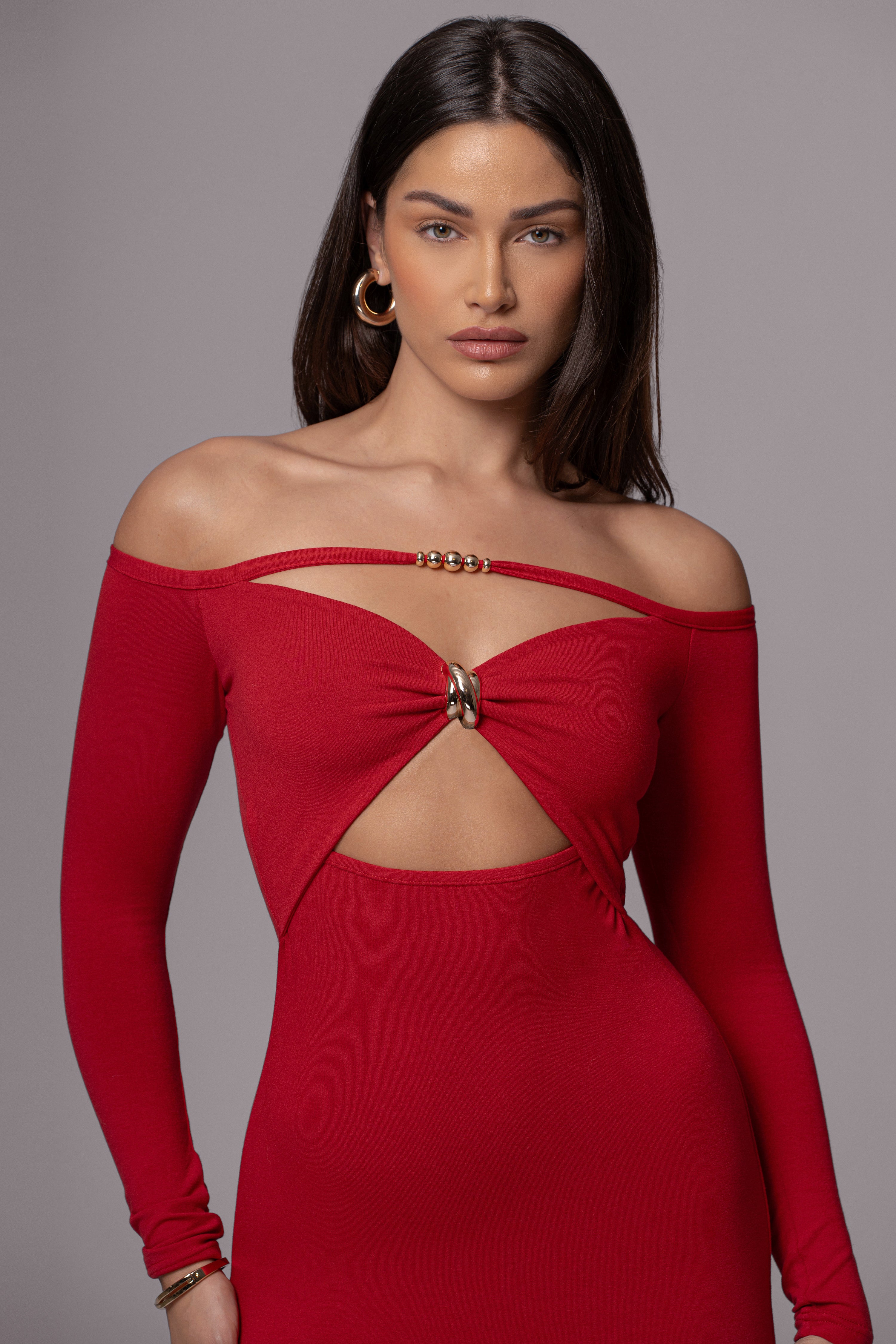 Red Off Shoulder Cutout Dress - JLUXLABEL