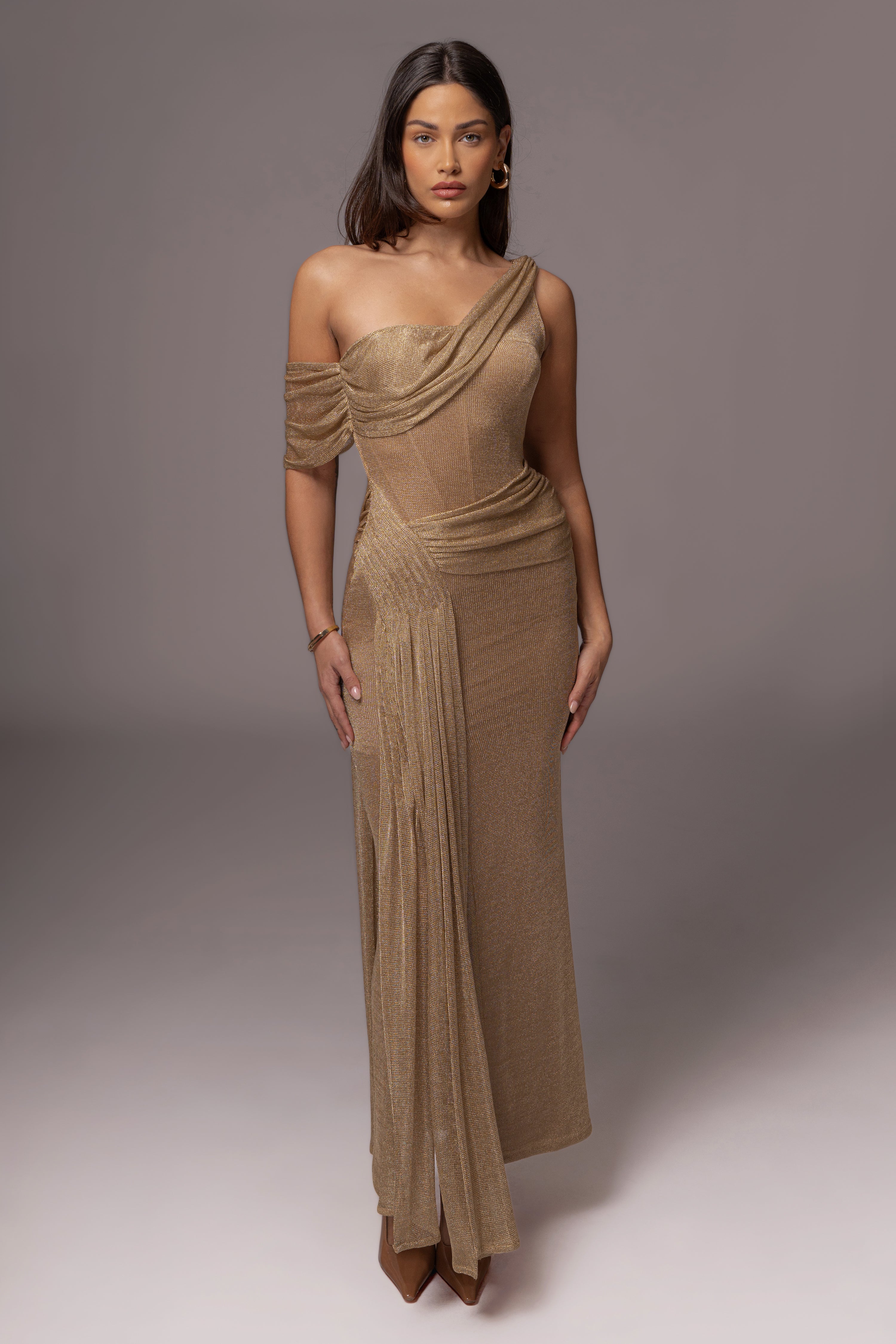 Gold Draped Metallic Maxi Dress - JLUXLABEL