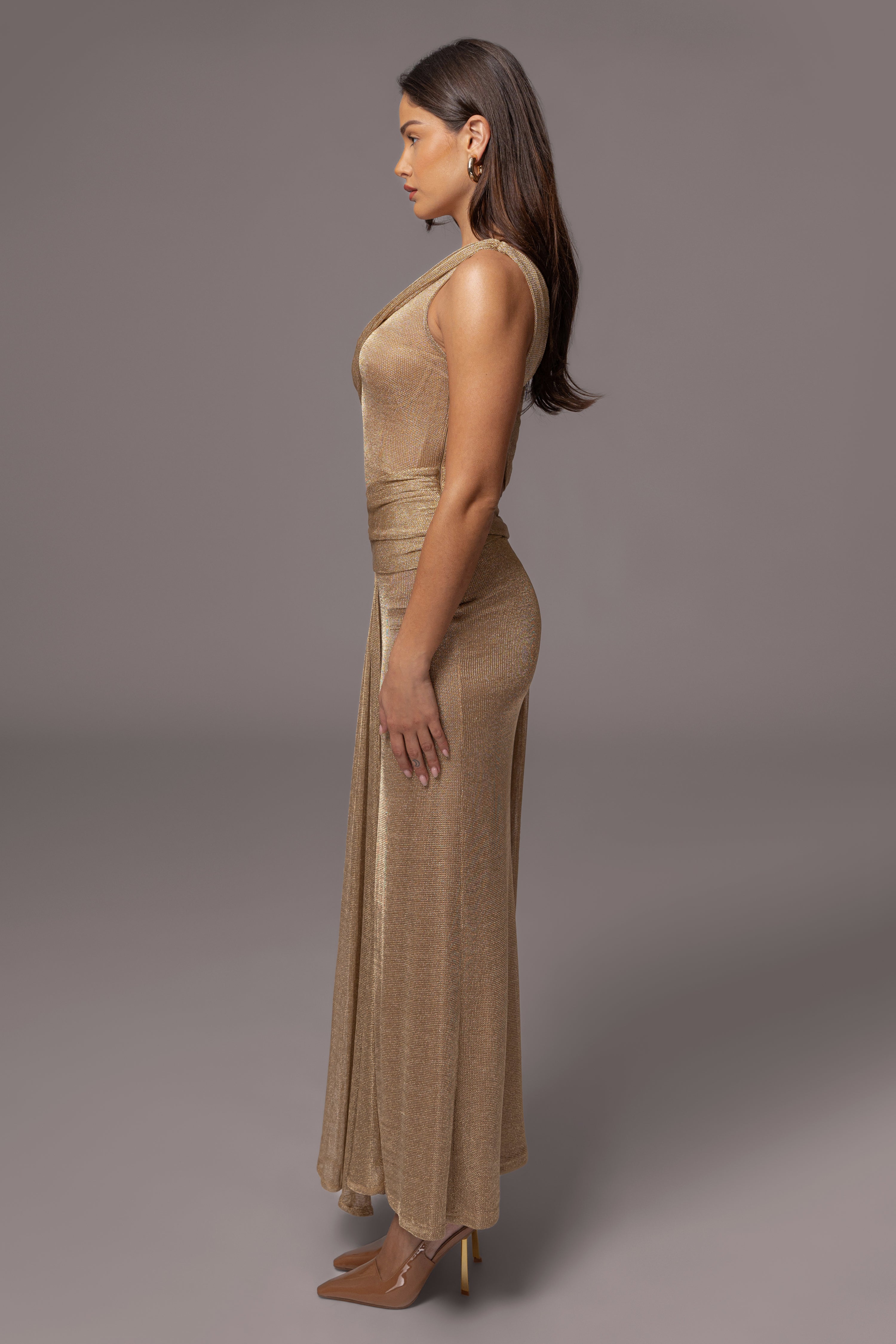 Gold Draped Metallic Maxi Dress - JLUXLABEL