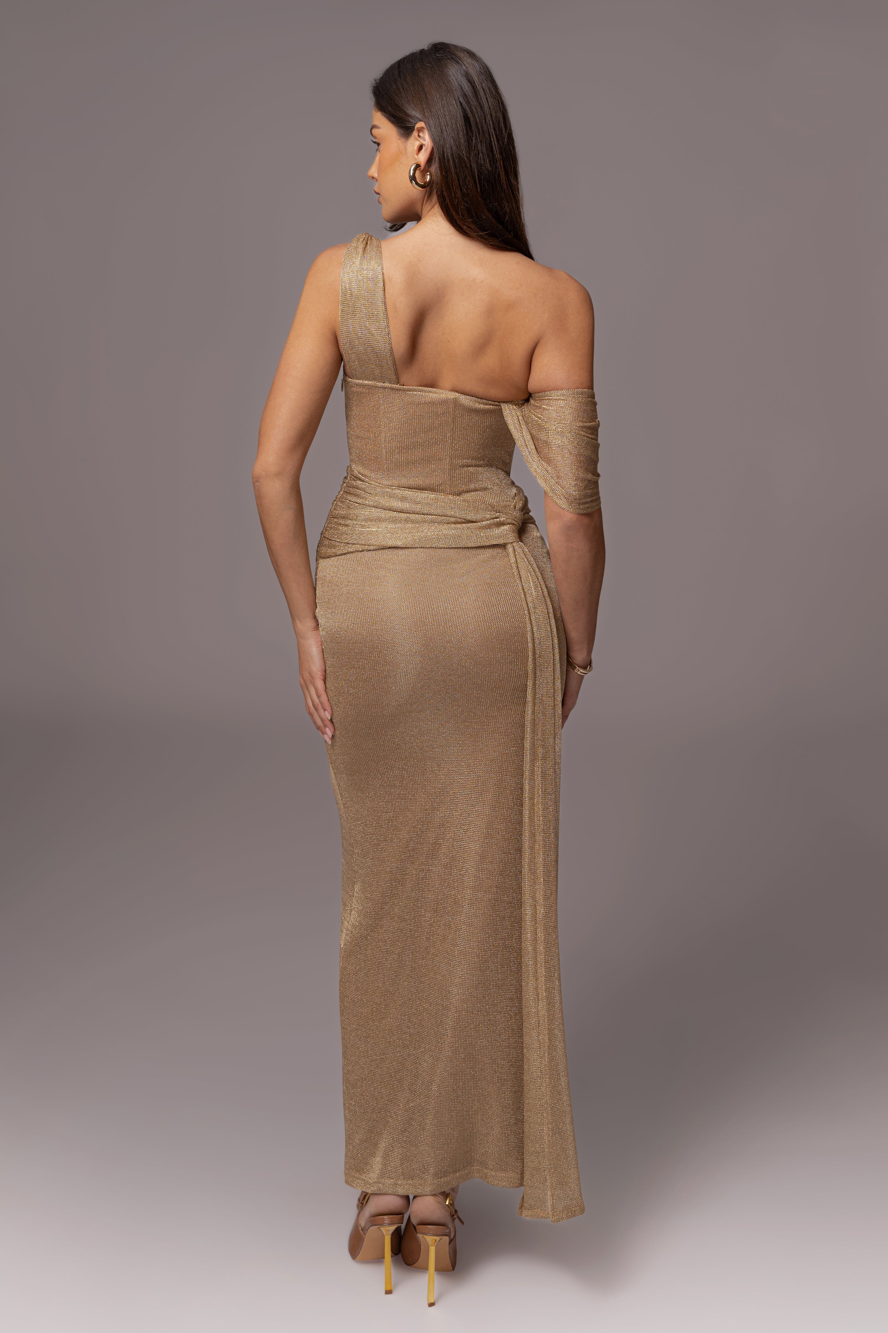 Gold Draped Metallic Maxi Dress - JLUXLABEL