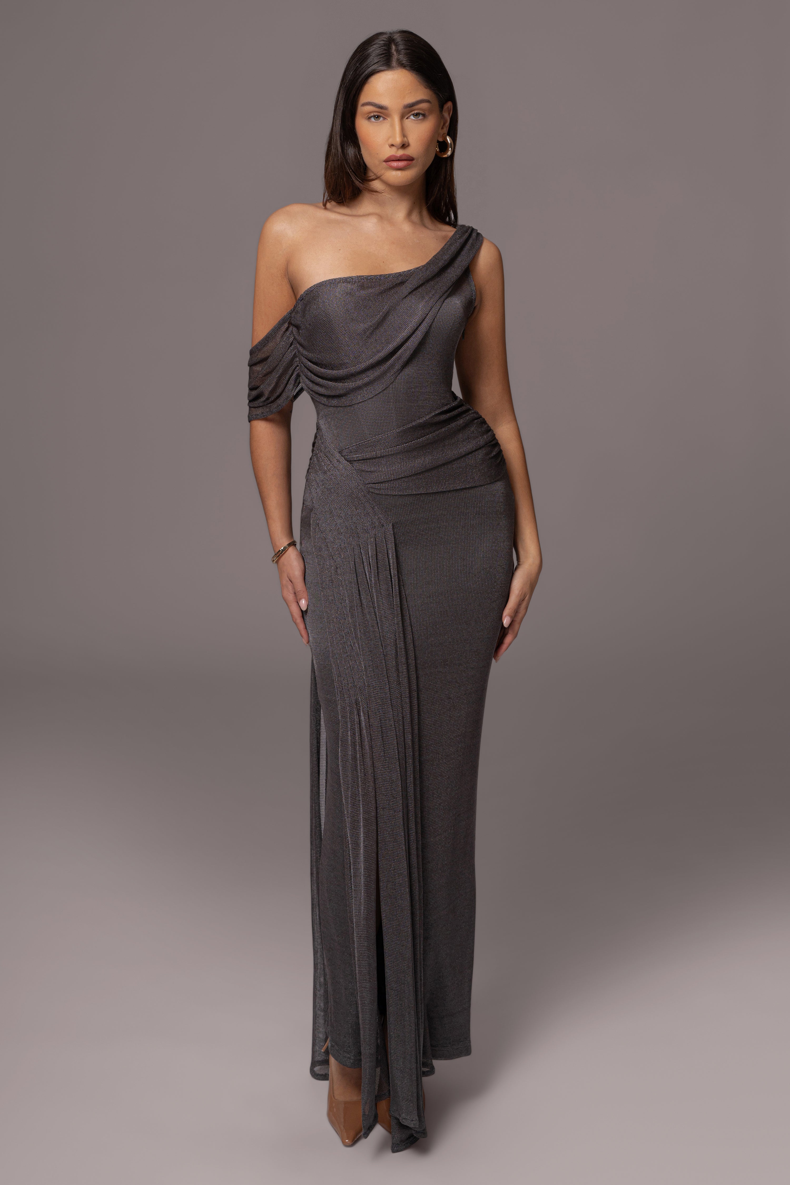 Gun Metal Draped Metallic Maxi Dress - JLUXLABEL