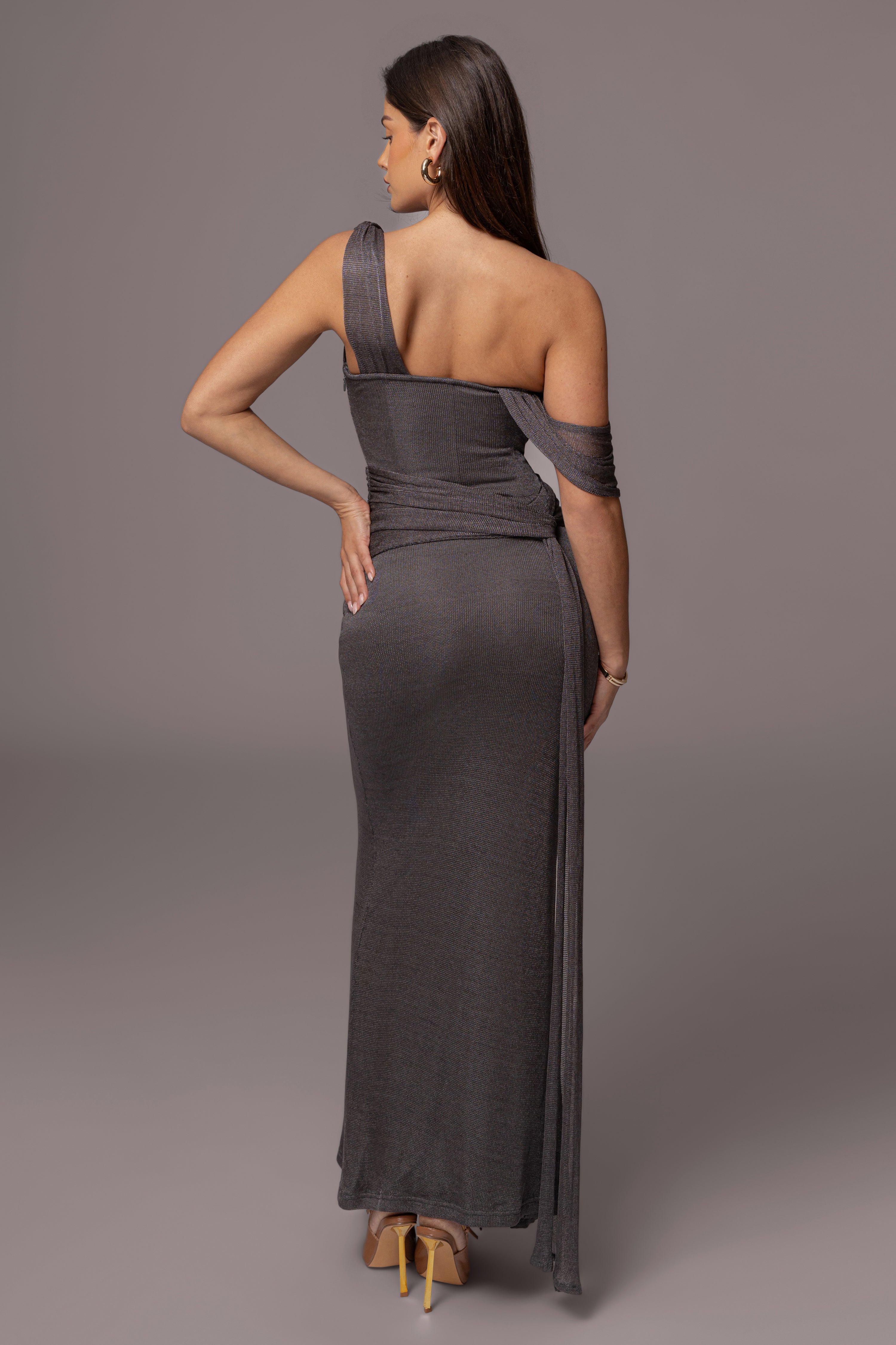 Gun Metal Draped Metallic Maxi Dress - JLUXLABEL
