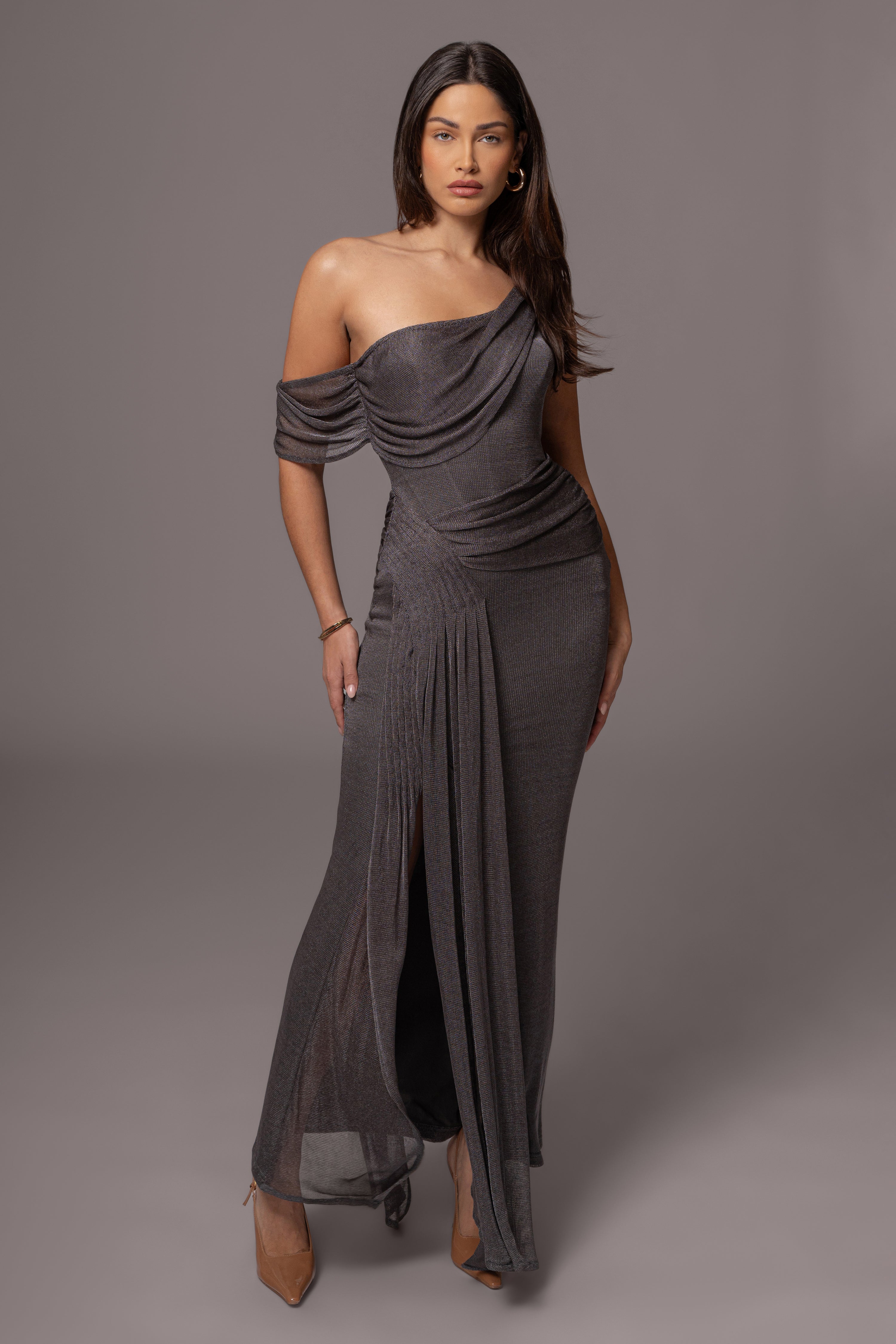 Gun Metal Draped Metallic Maxi Dress - JLUXLABEL