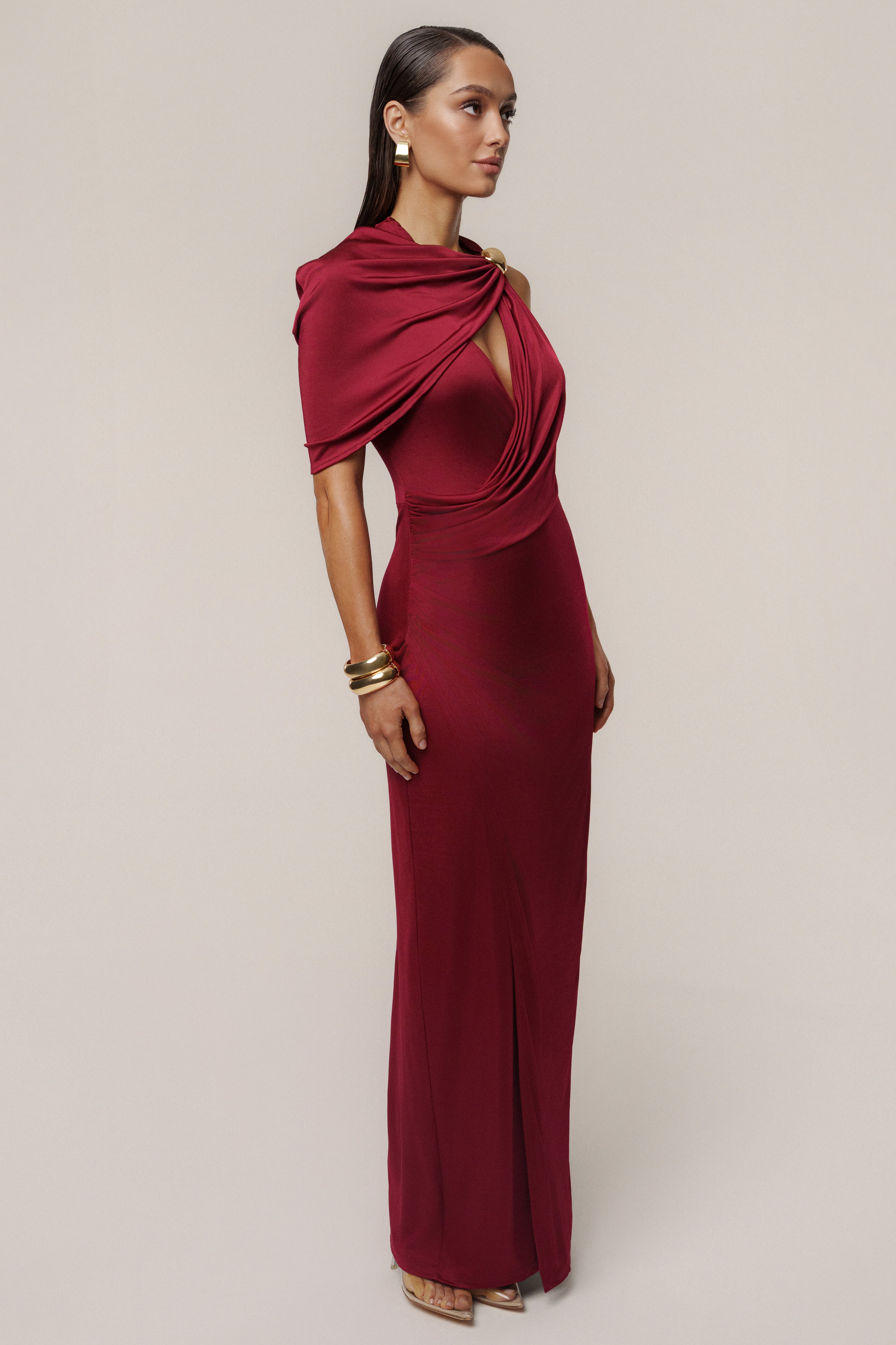 Burgundy Enchanted Drape Maxi Dress - JLUXLABEL