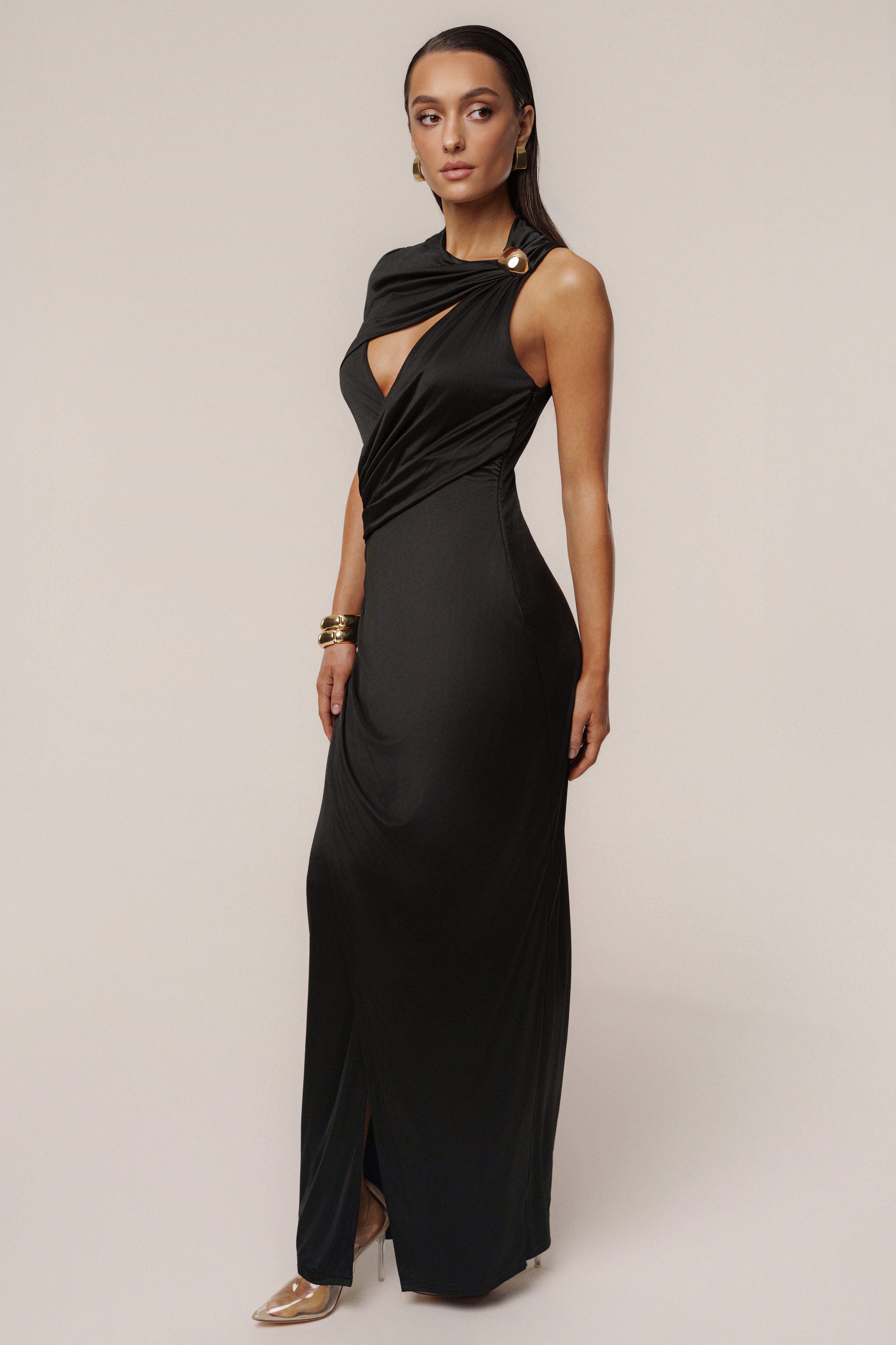 Black Enchanted Drape Maxi Dress - JLUXLABEL