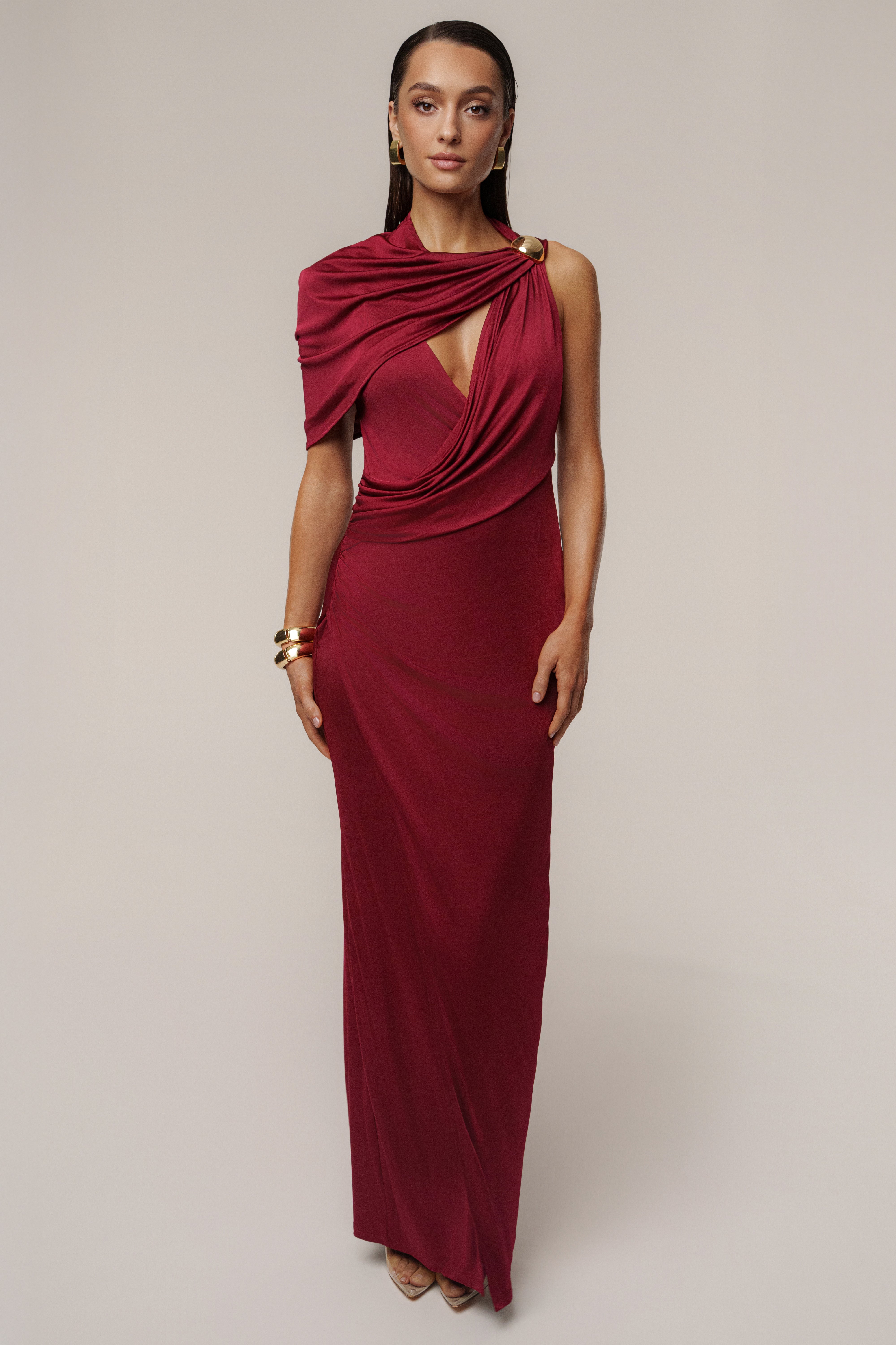Burgundy Enchanted Drape Maxi Dress - JLUXLABEL