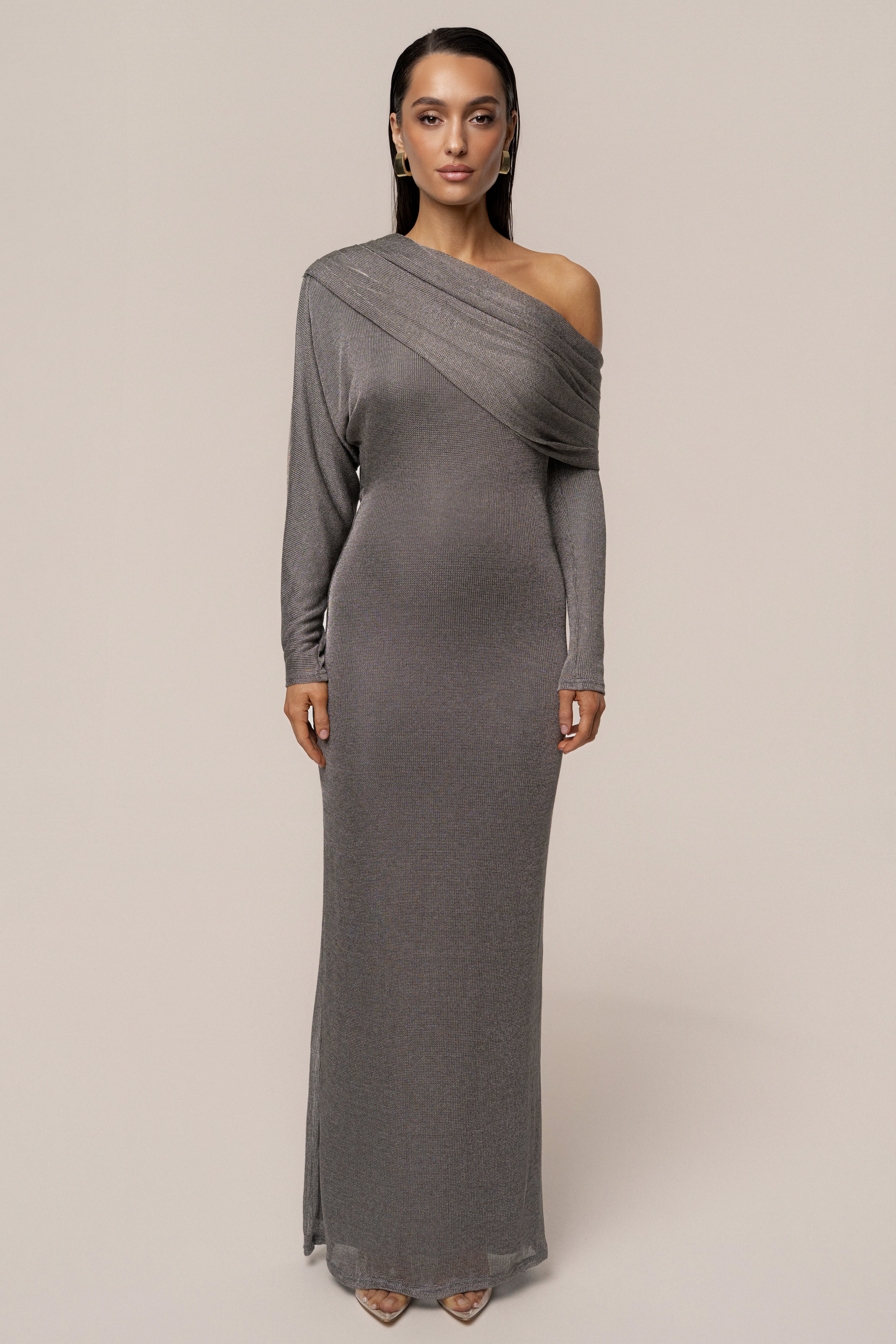 Silver Drape And Shine Maxi Dress - JLUXLABEL