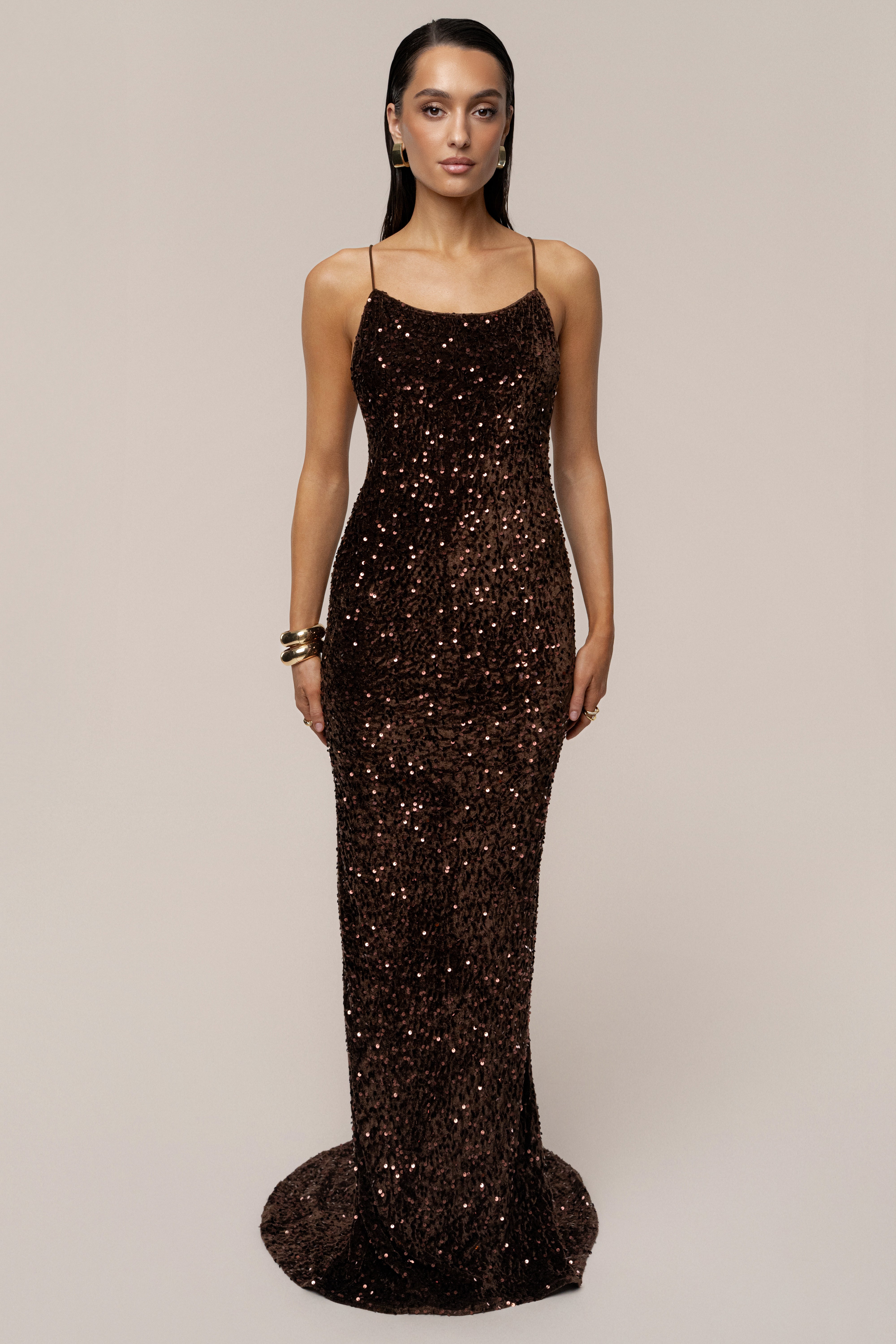 Brown Glisten All Night Sequin Gown - JLUXLABEL