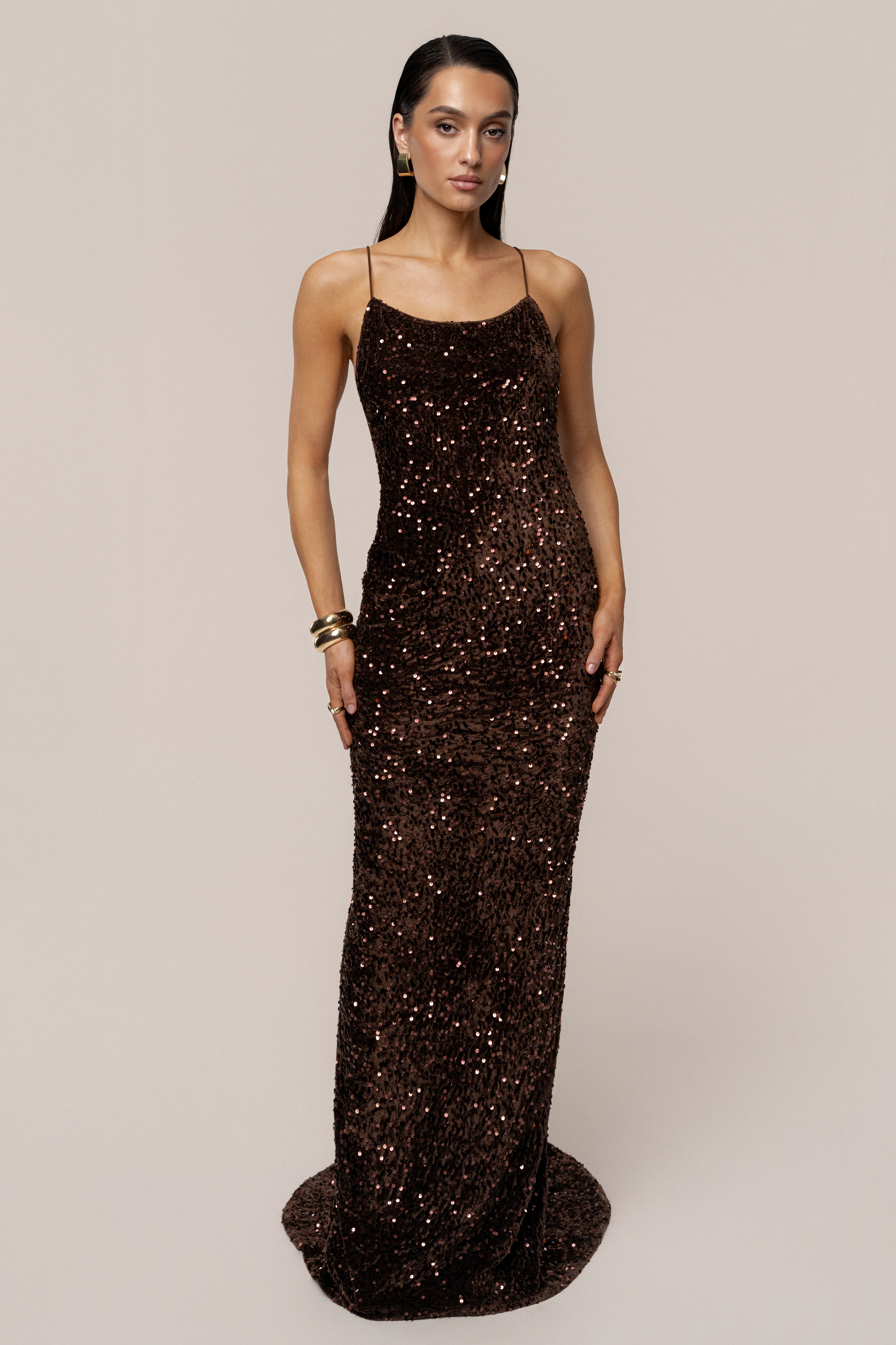 Brown Glisten All Night Sequin Gown - JLUXLABEL