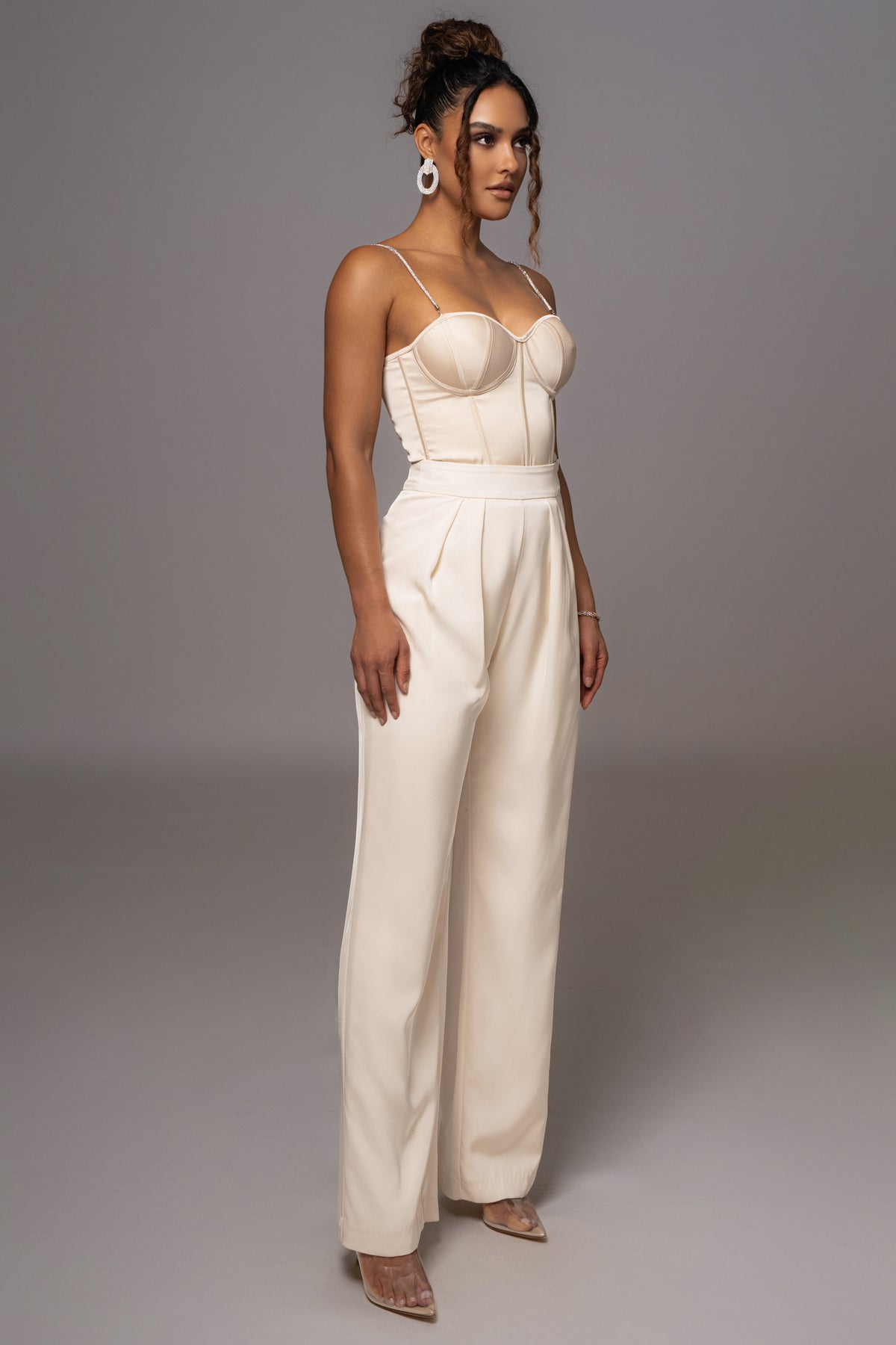 JLUXLABEL Champagne Leo matte satin bustier top with structured design and elegant neckline, perfect for stylish evening wear.