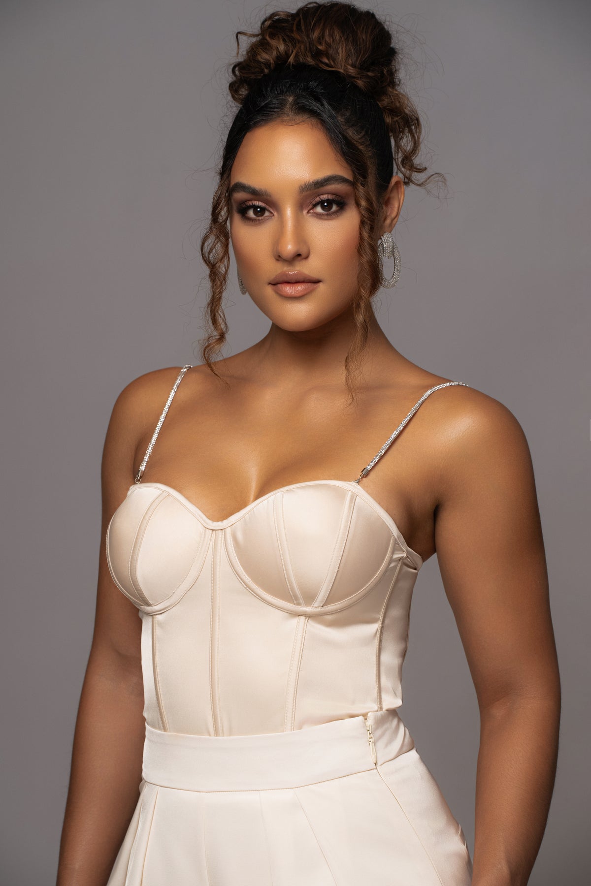 JLUXLABEL Champagne Leo matte satin bustier top with structured design and adjustable straps, showcasing a stylish satin finish.