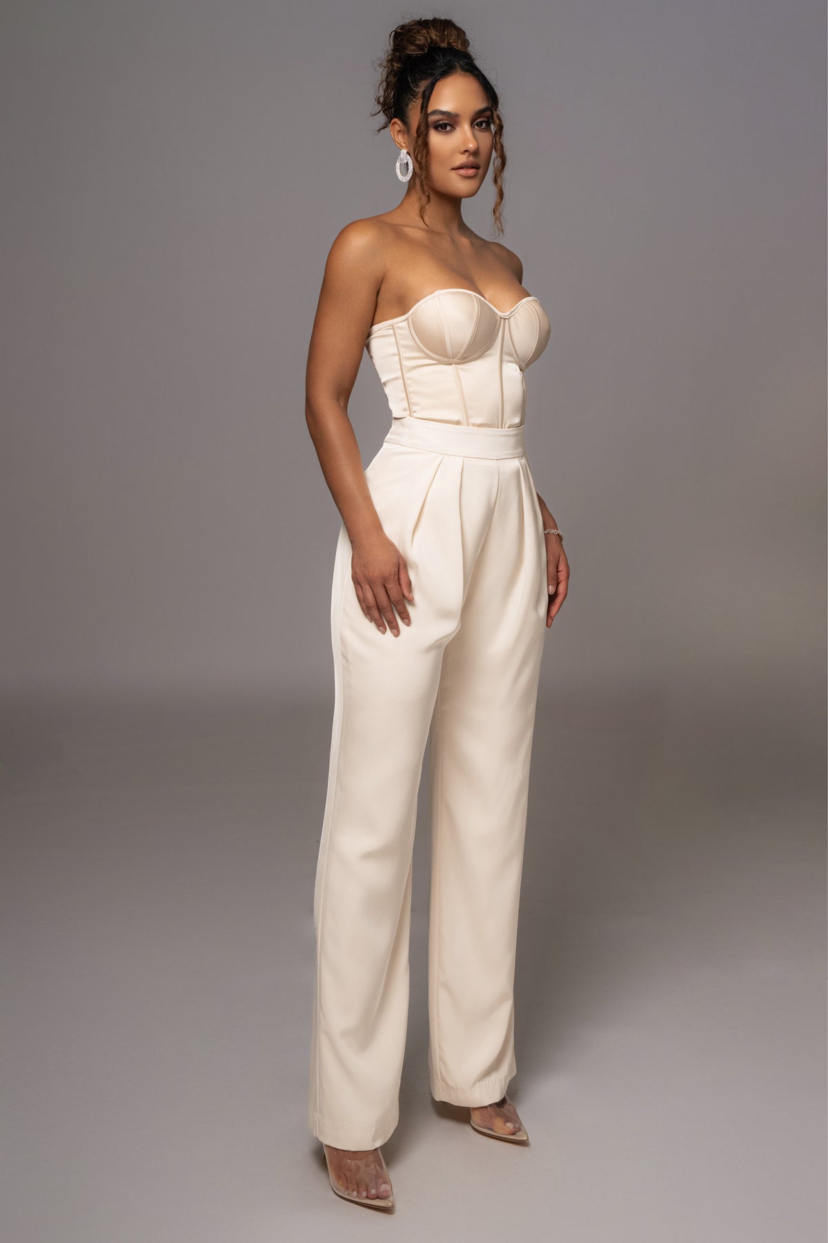 JLUXLABEL Champagne Leo matte satin bustier top with structured design and elegant finish, perfect for stylish evening wear.