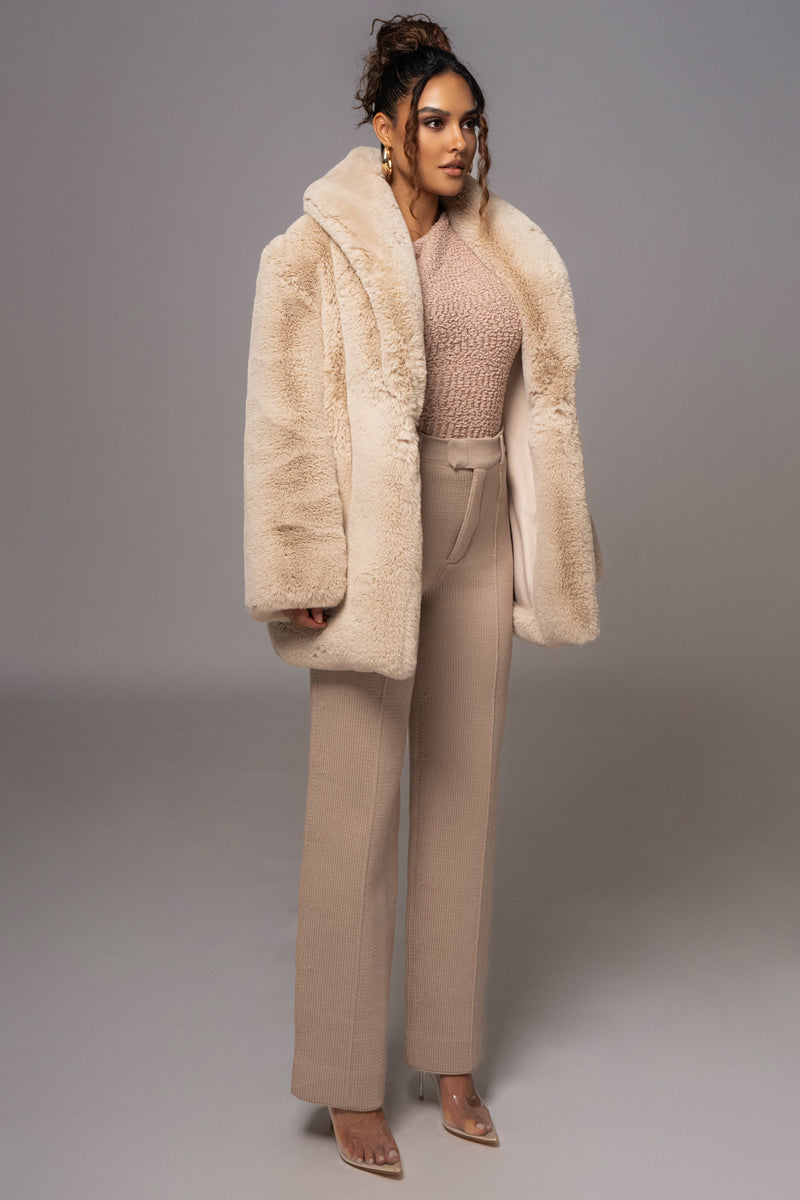 Beige Refined Faux Fur Oversized Coat - JLUXLABEL