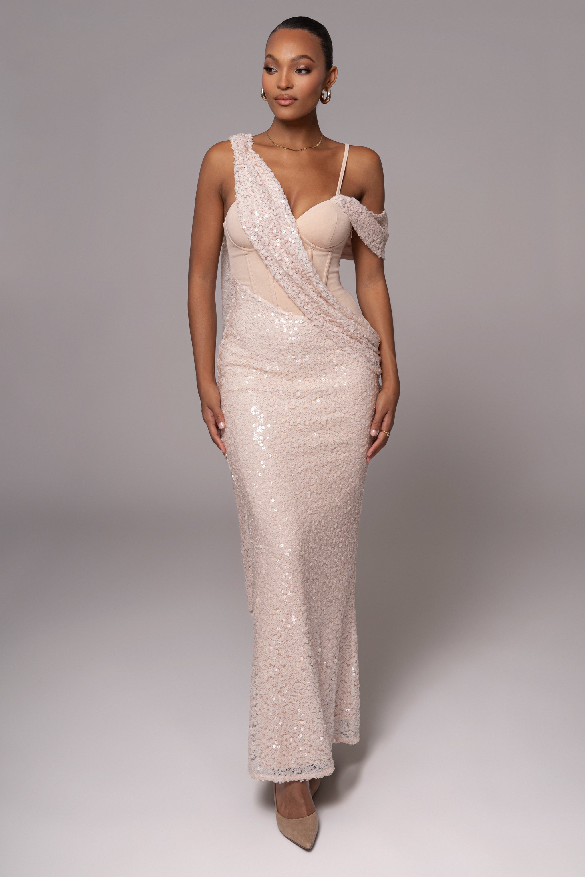 blush and sequin dress Demure Long Sleeve Open Back Dress Sequin Blush