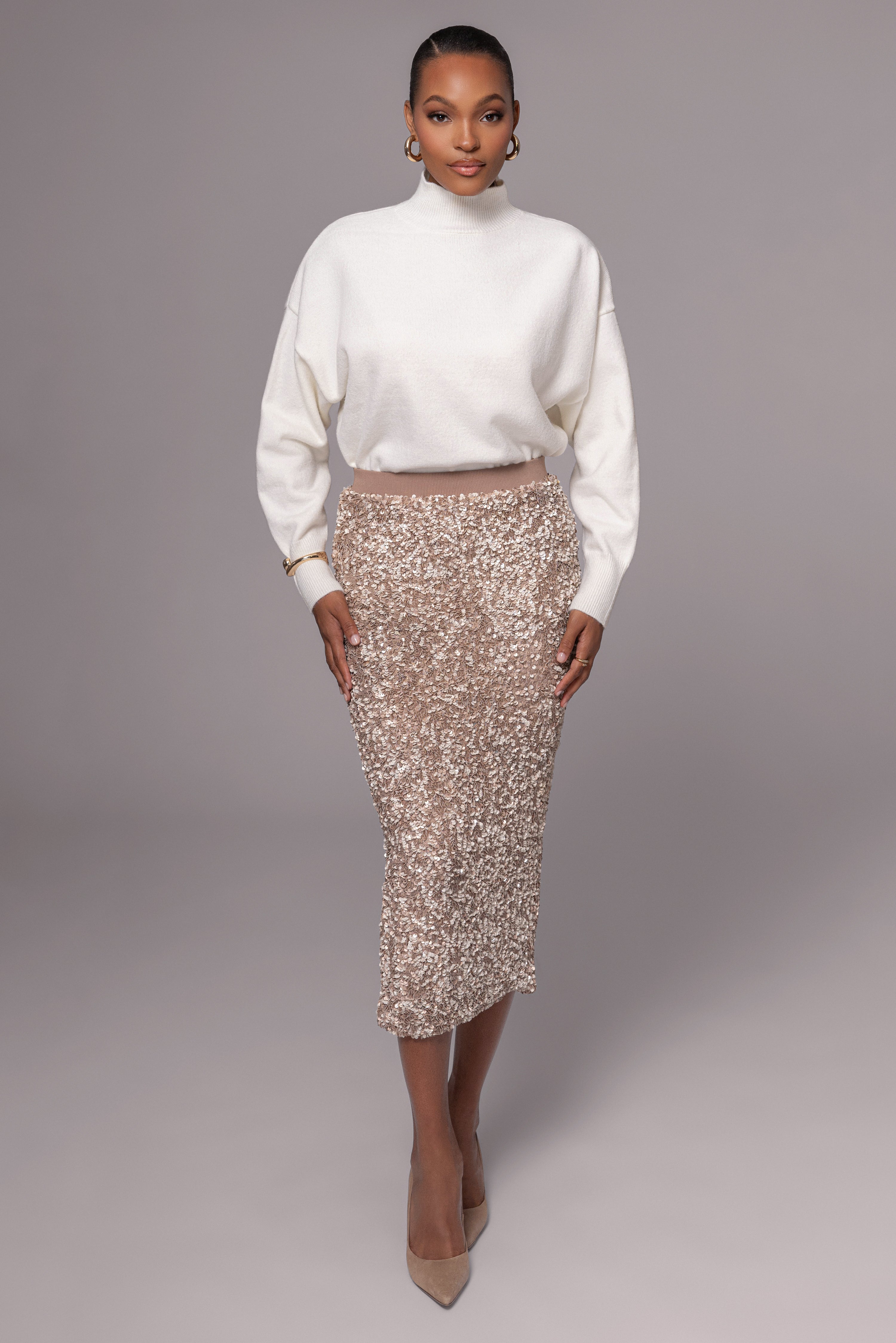 Taupe Sequin Midi Skirt - JLUXLABEL