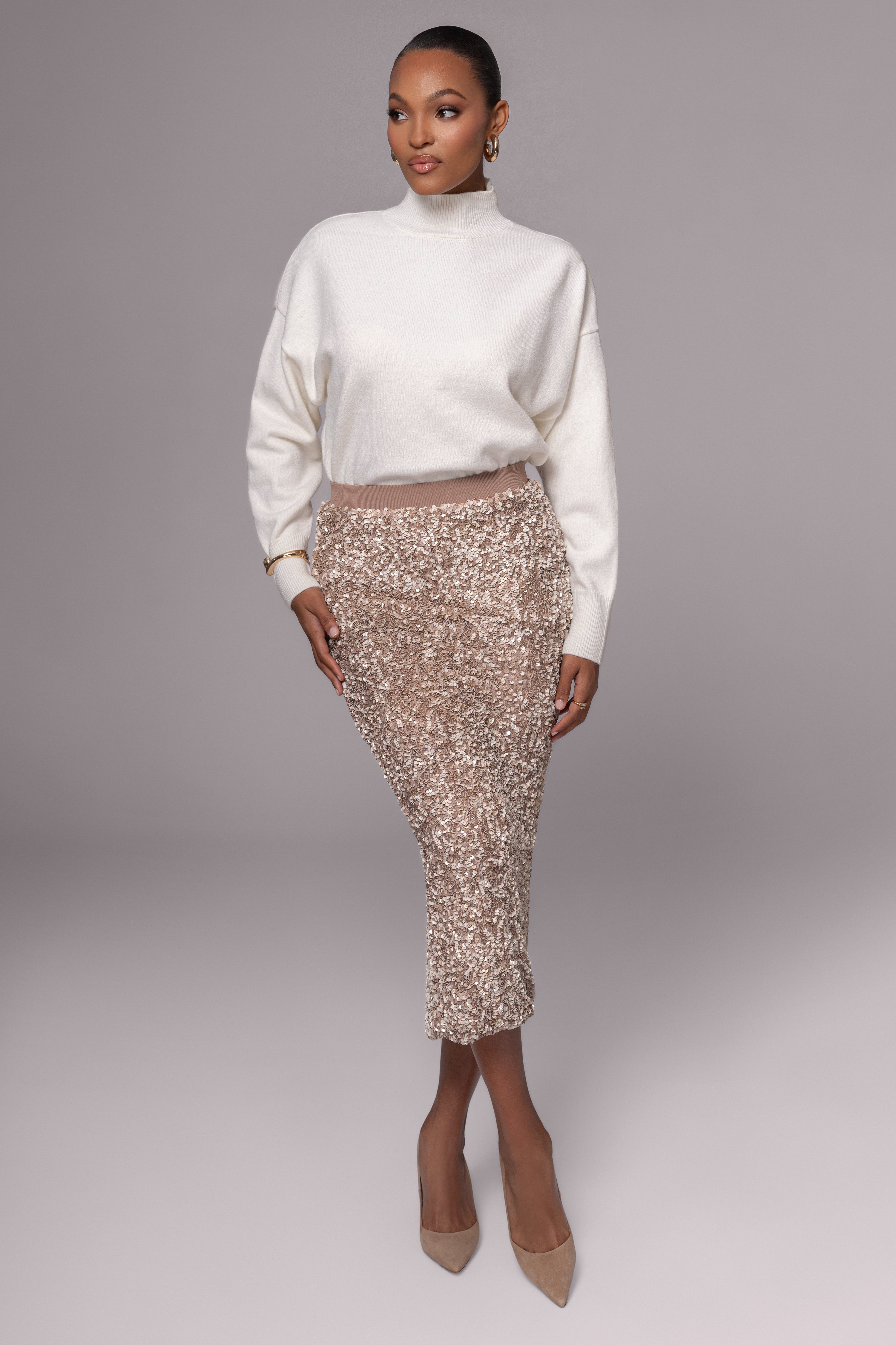 Taupe Sequin Midi Skirt - JLUXLABEL