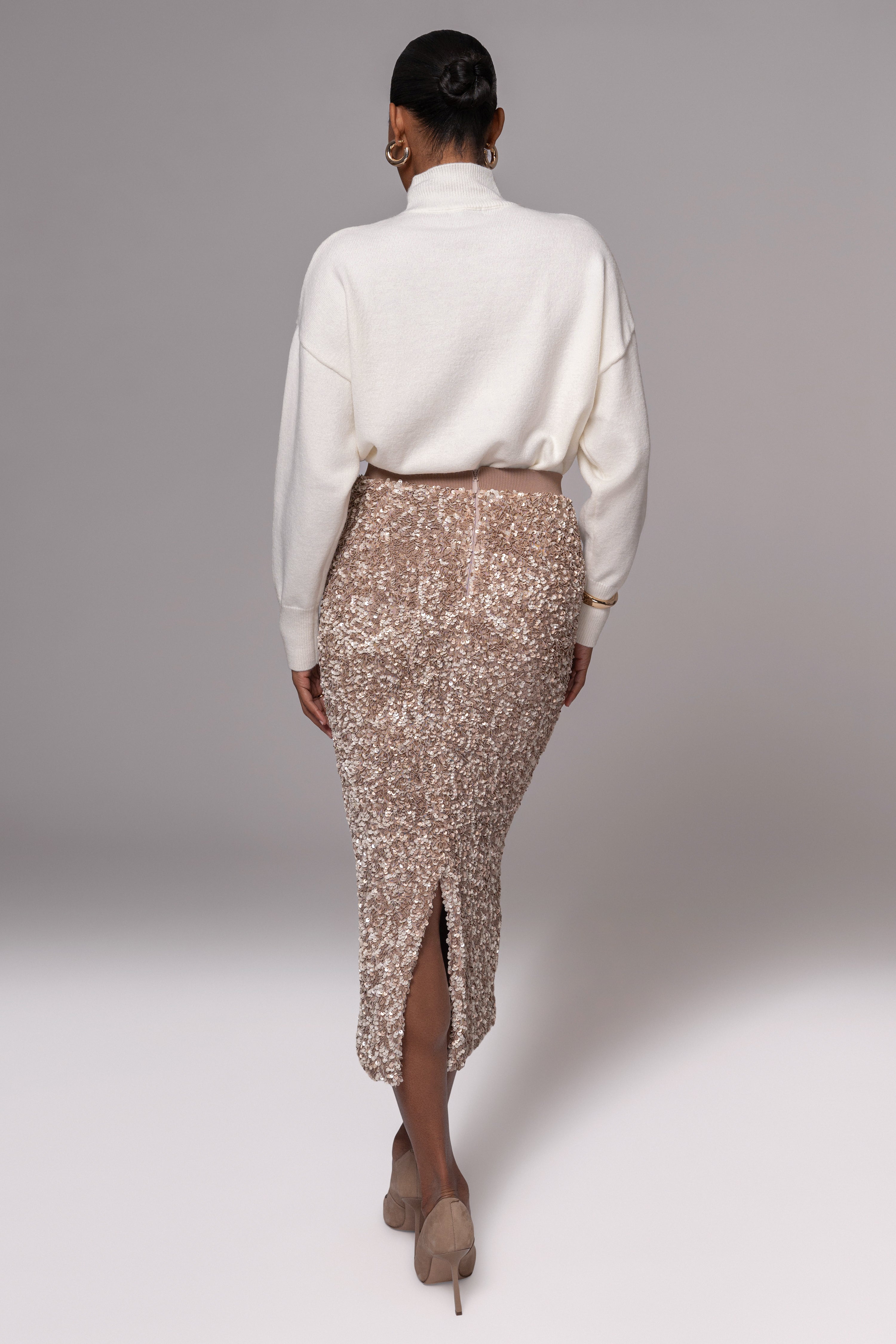 Taupe Sequin Midi Skirt - JLUXLABEL
