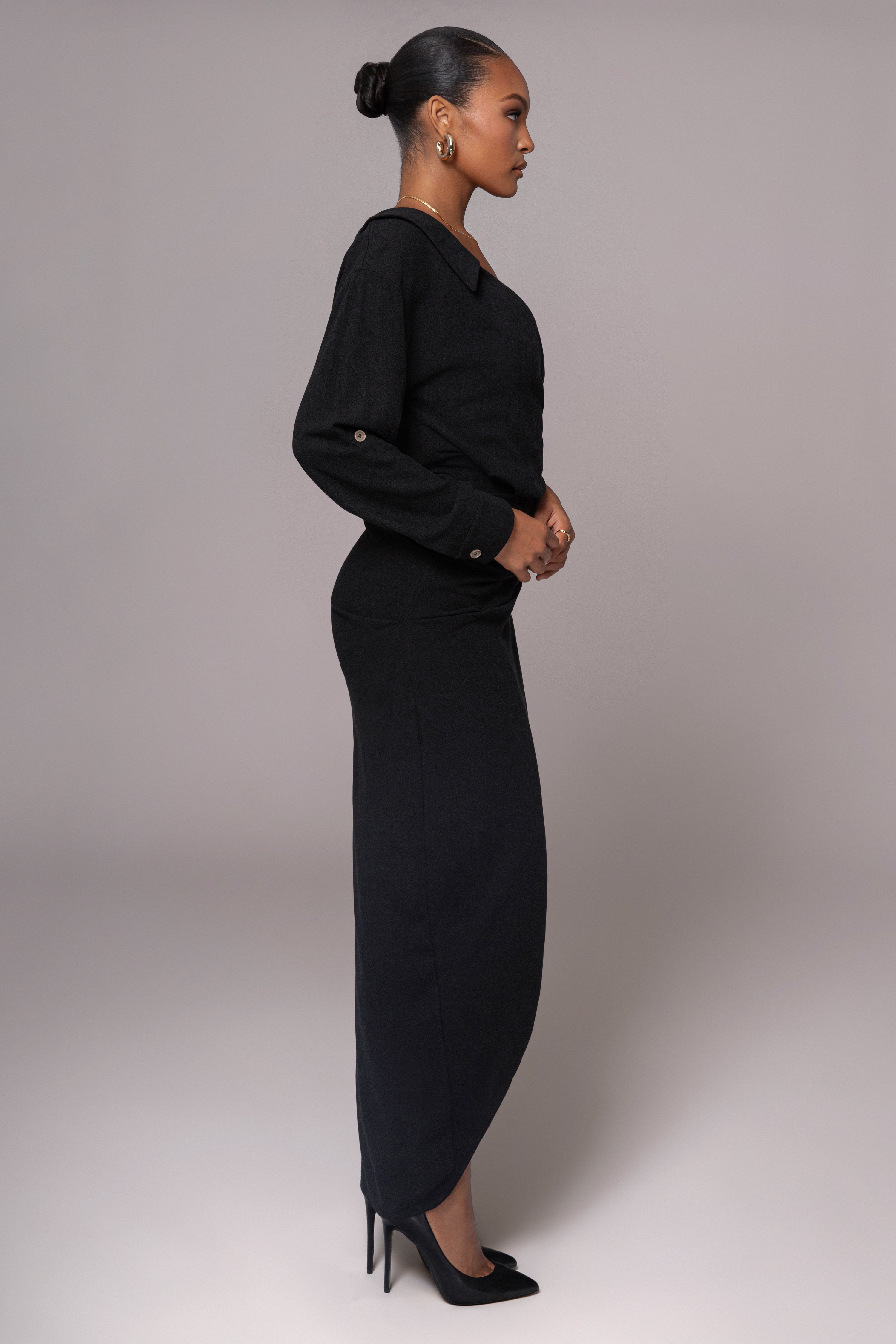 Black Evita Linen Draped Dress - JLUXLABEL