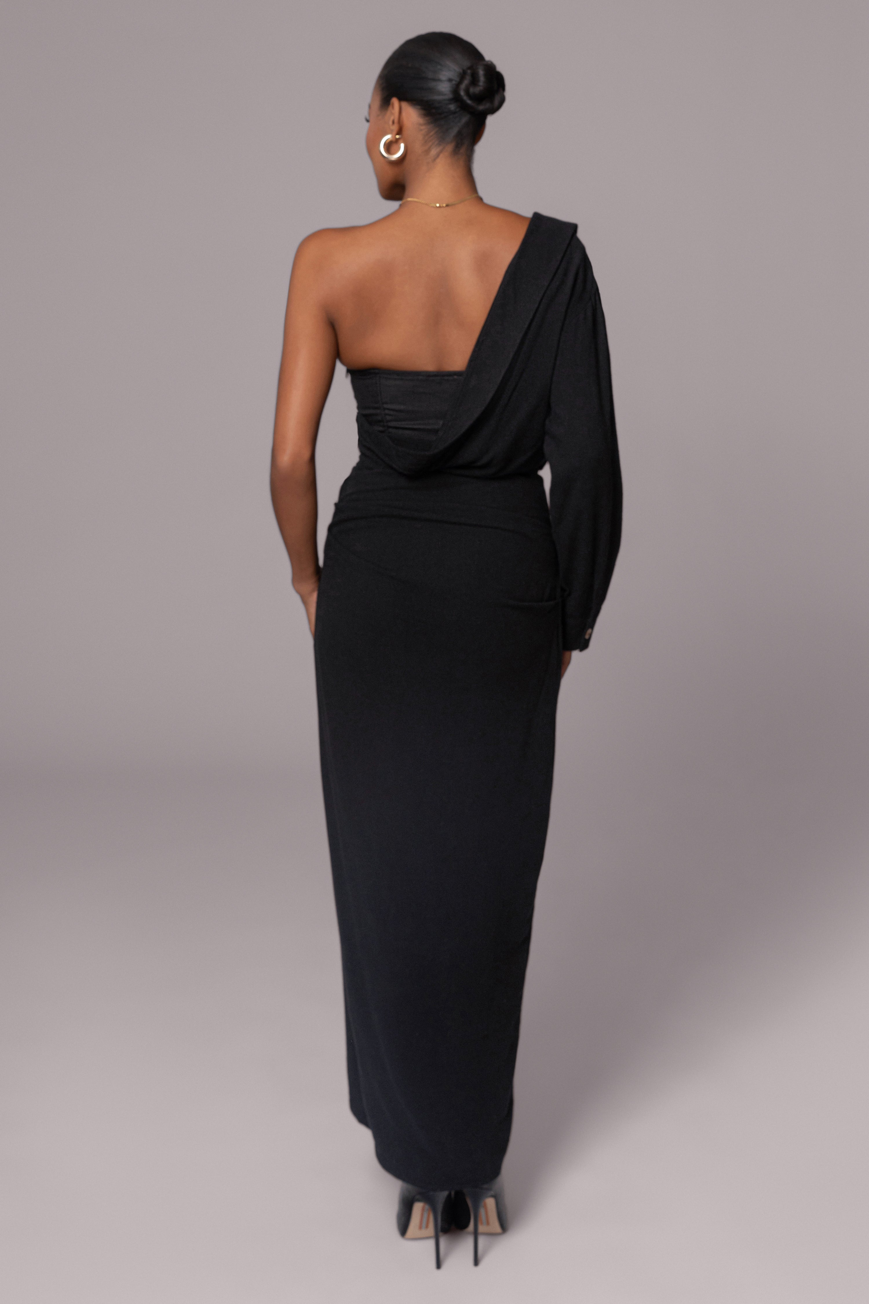 Black Evita Linen Draped Dress - JLUXLABEL