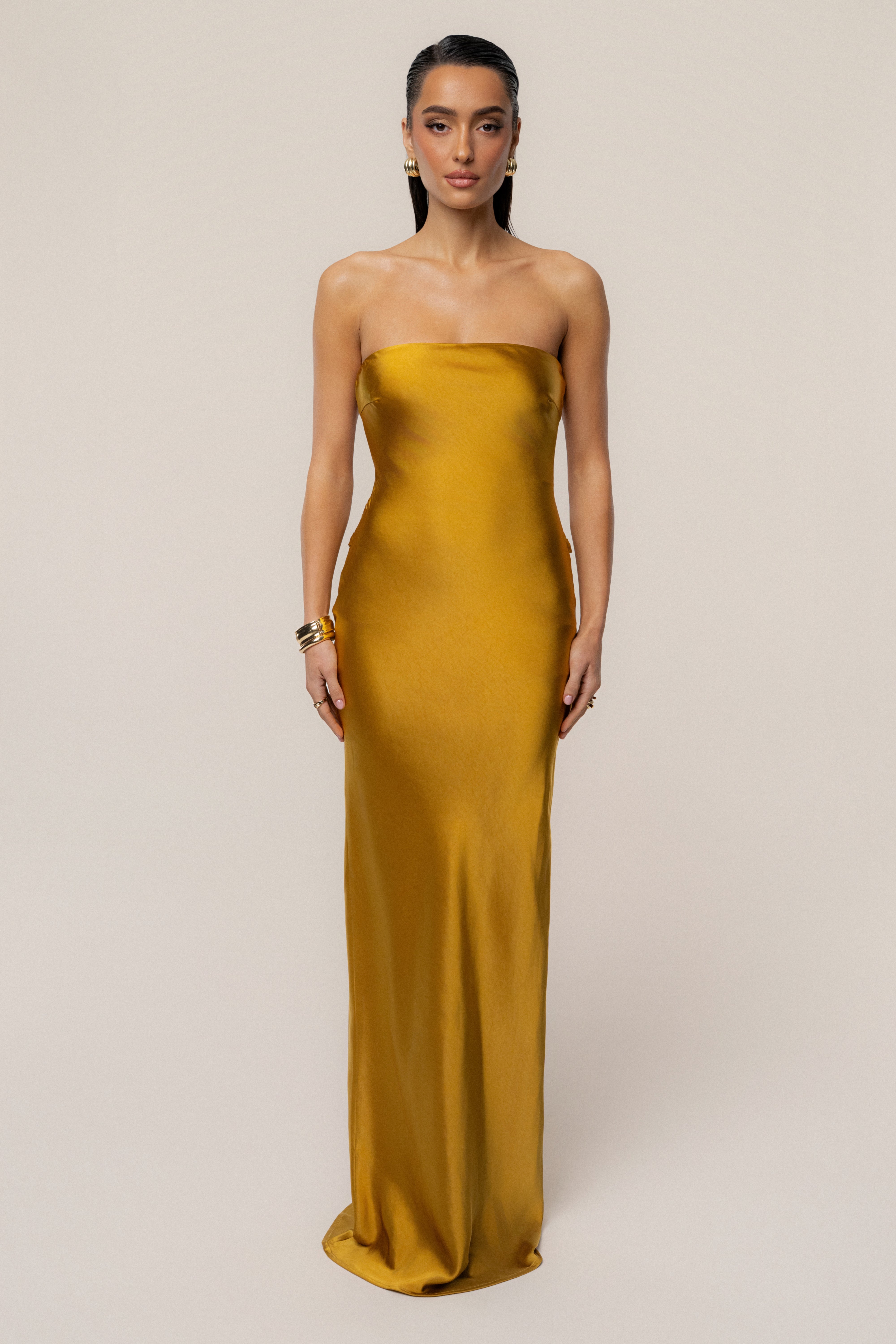 PRE-ORDER Gold Regal Rising Satin Maxi Dress