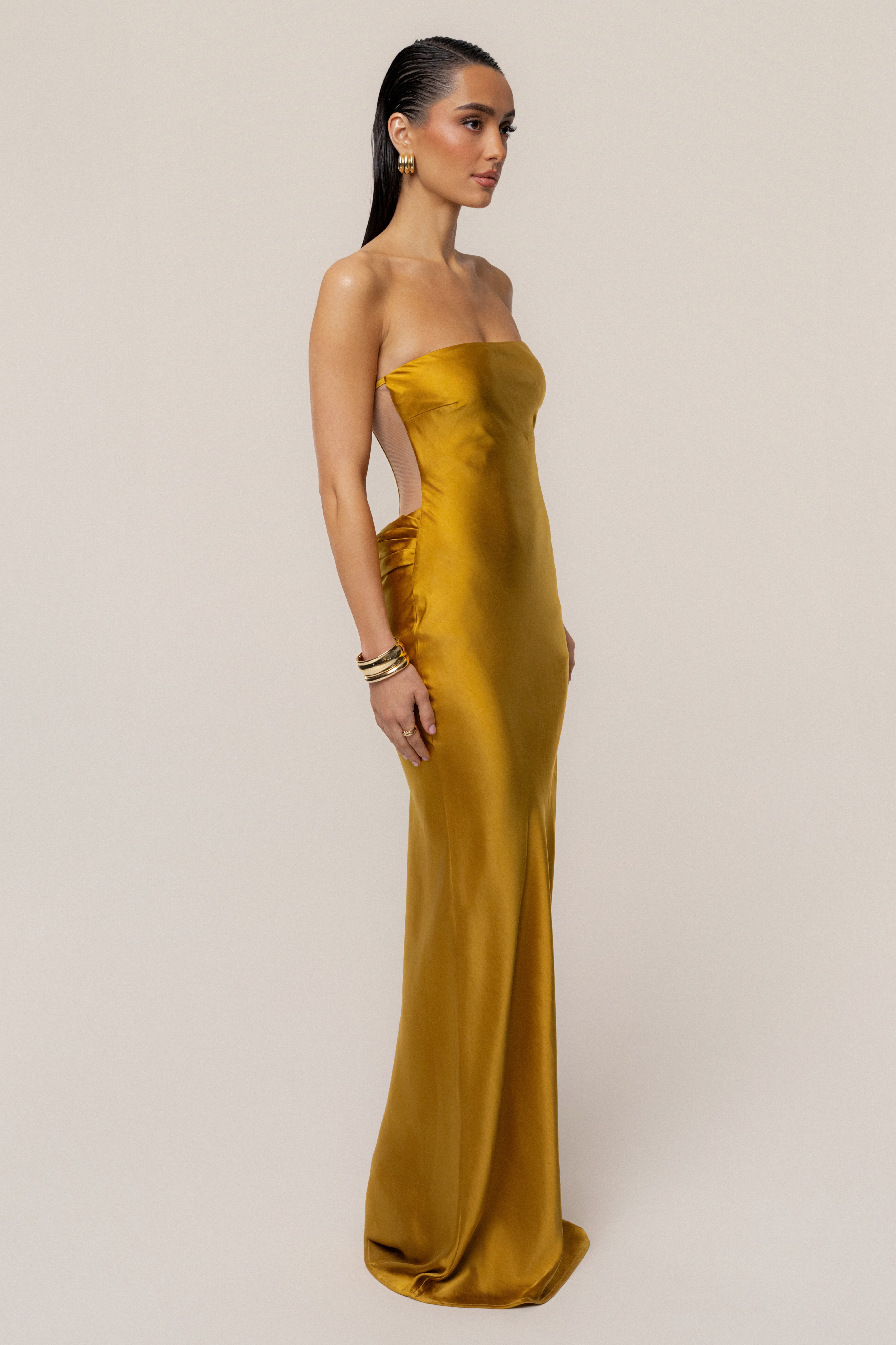 PRE-ORDER Gold Regal Rising Satin Maxi Dress
