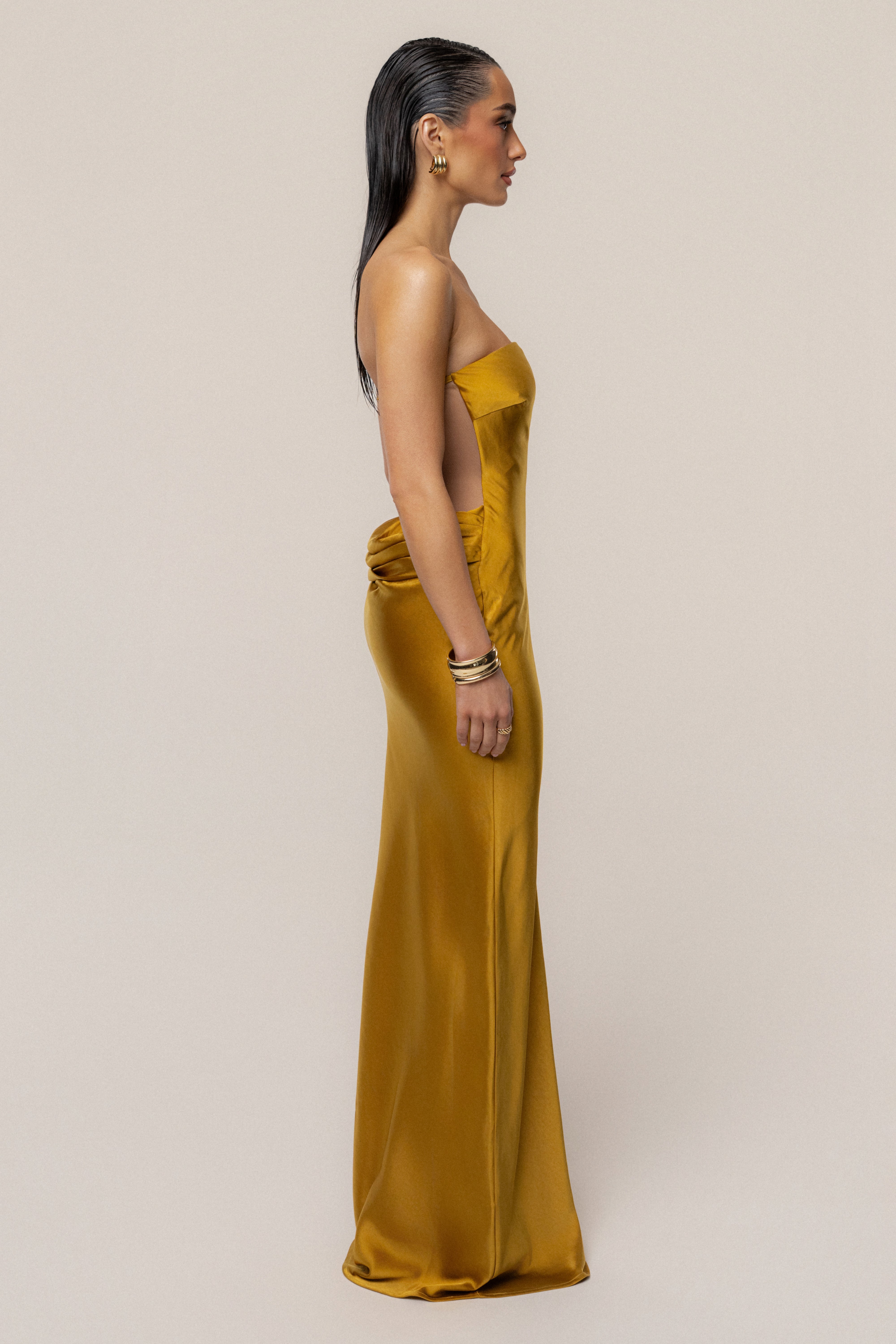 PRE-ORDER Gold Regal Rising Satin Maxi Dress