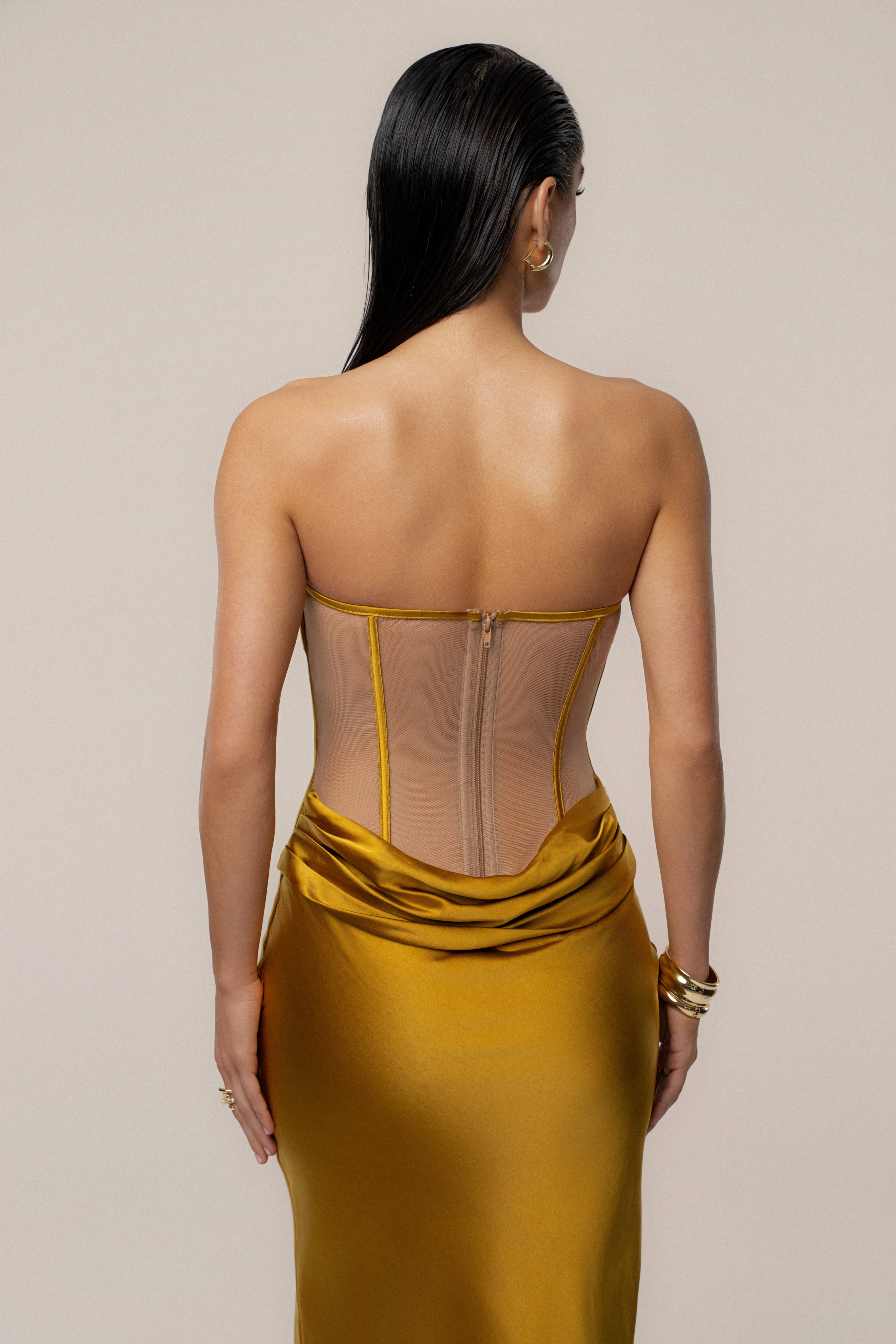 PRE-ORDER Gold Regal Rising Satin Maxi Dress