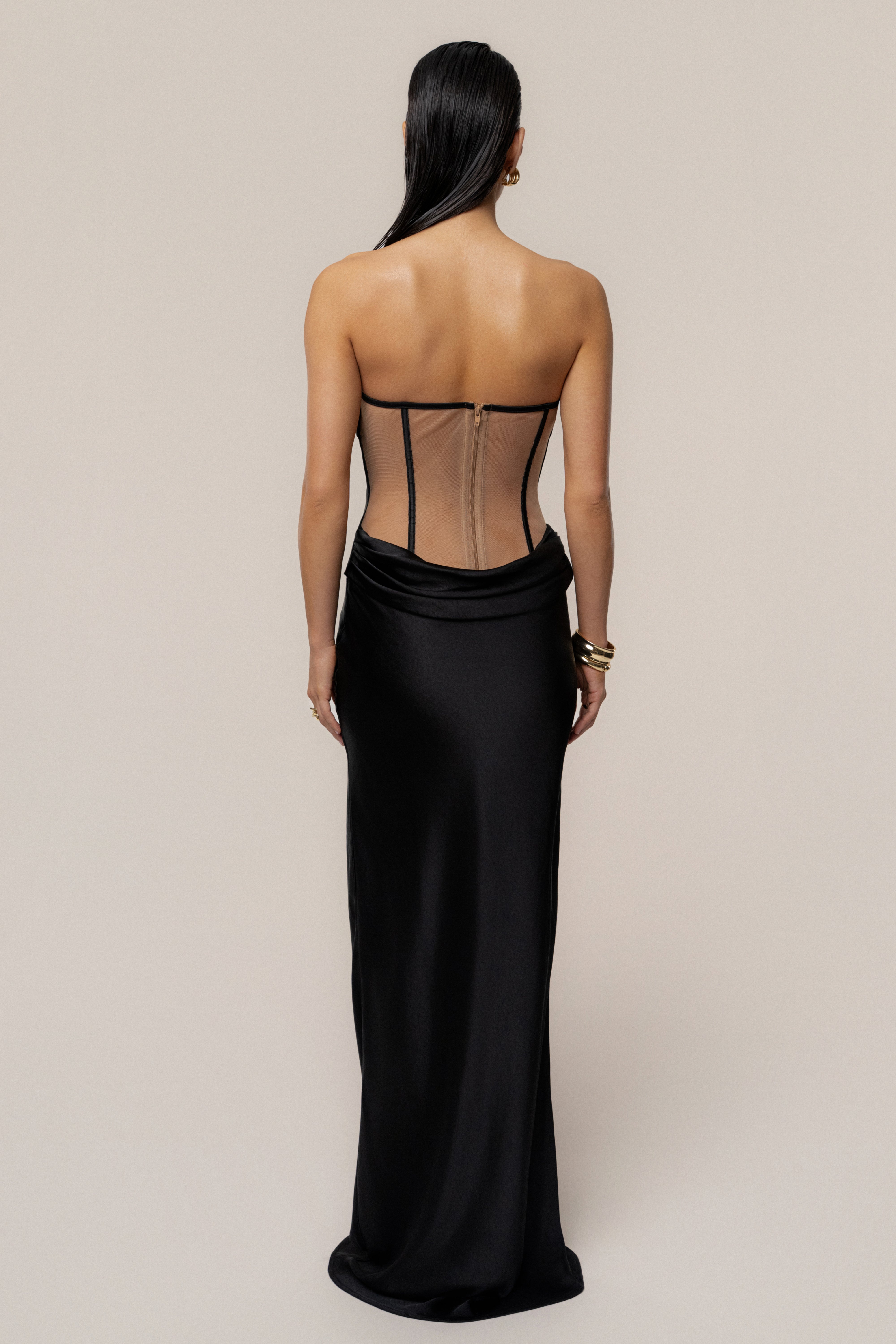PRE-ORDER Black Regal Rising Satin Maxi Dress