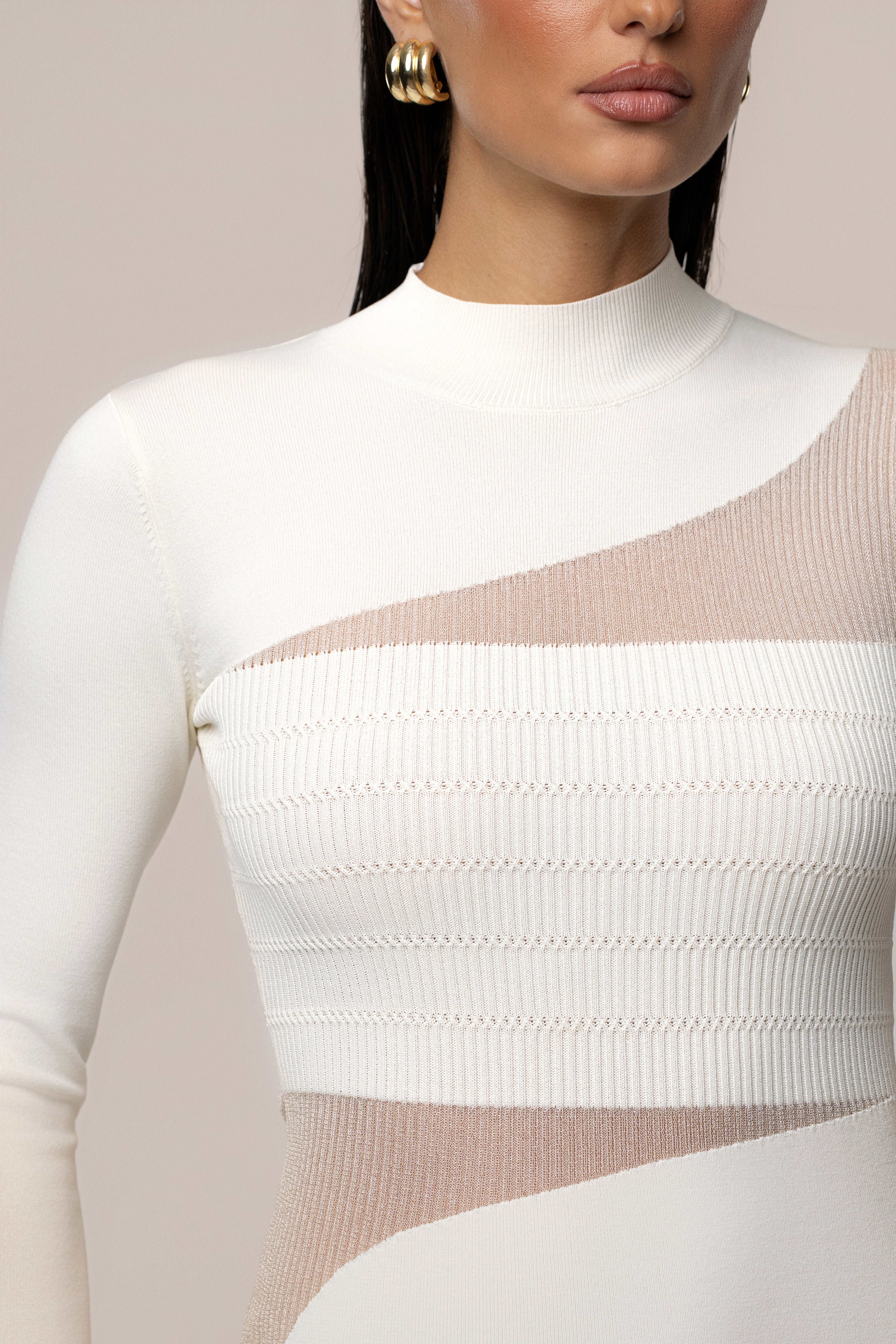 Ivory Sheer Knit Mock Neck Dress