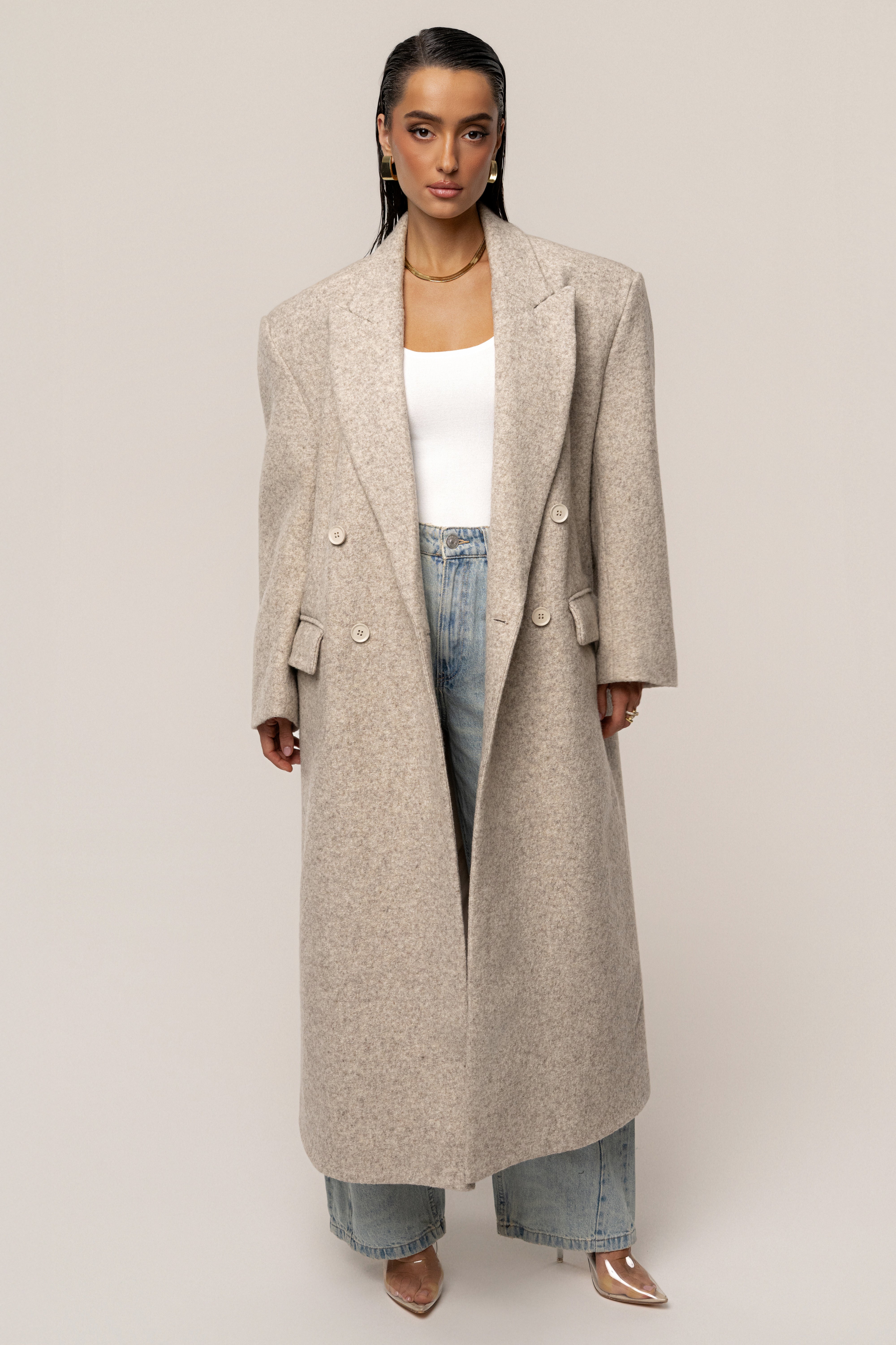 Beige Oversize Double Breasted Coat