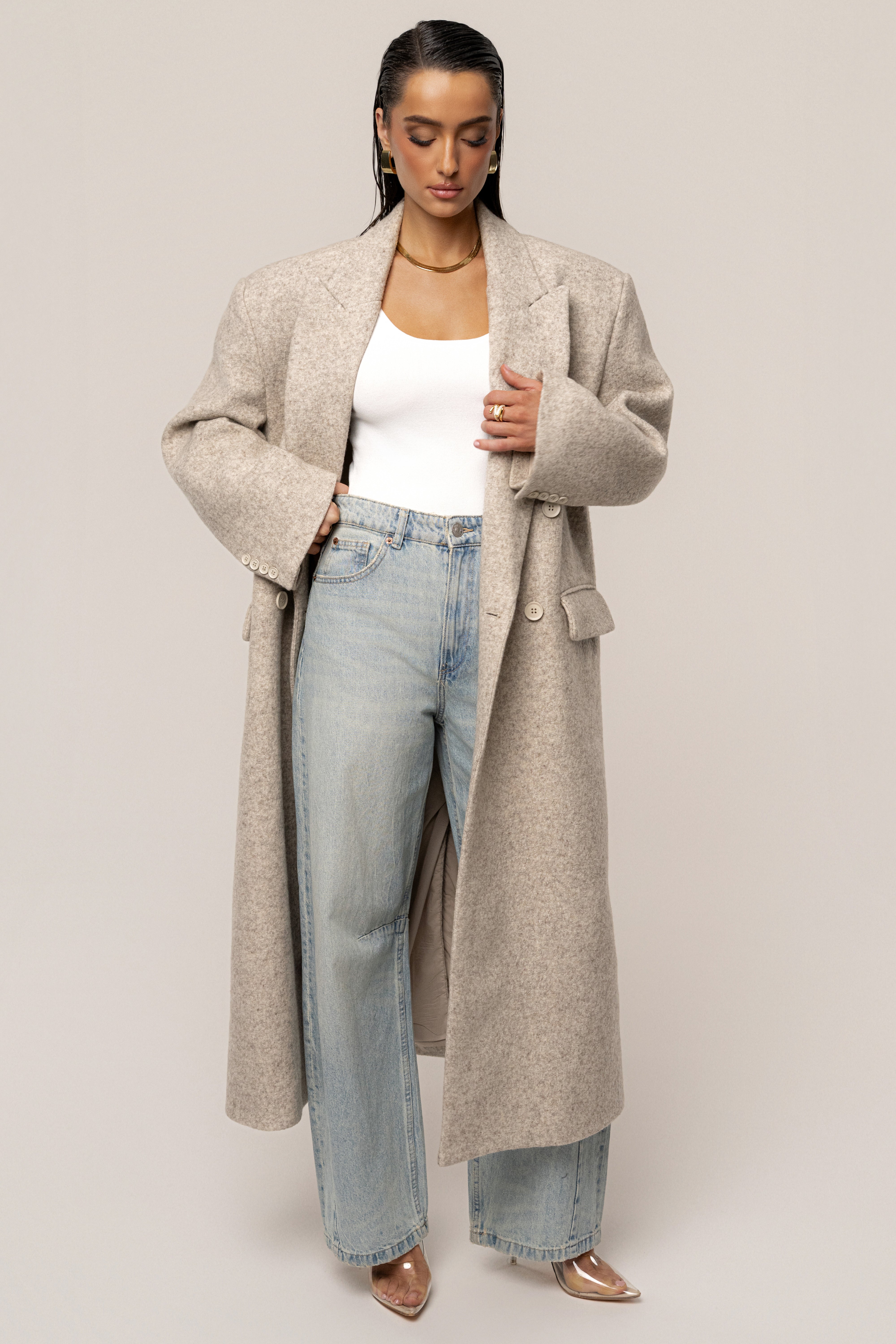 Beige Oversize Double Breasted Coat