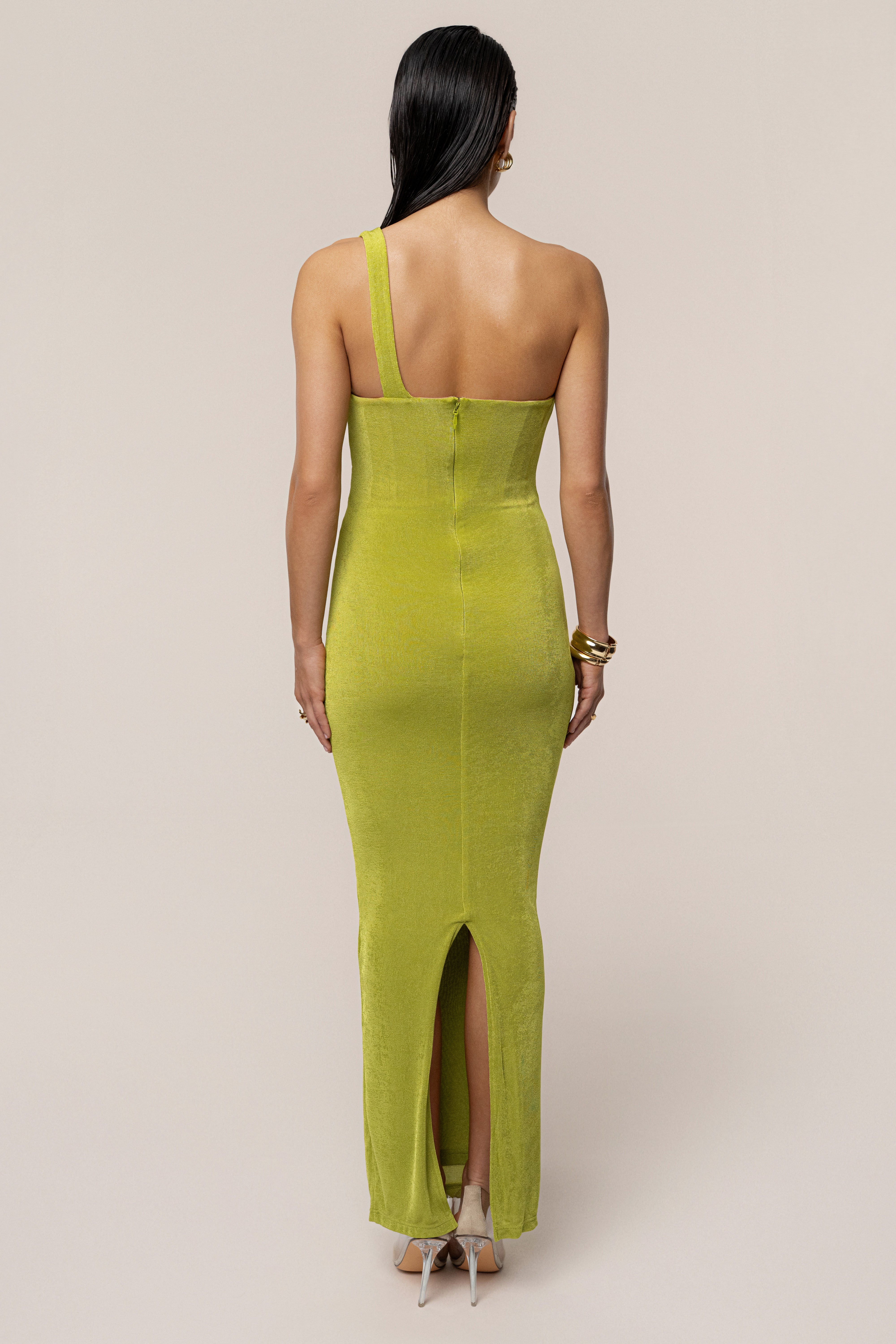 Lime Green Slinky Krishna One Shoulder Maxi Dress