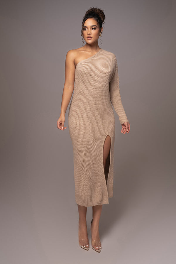 Beige Long Knit Sweater Dress - JLUXLABEL