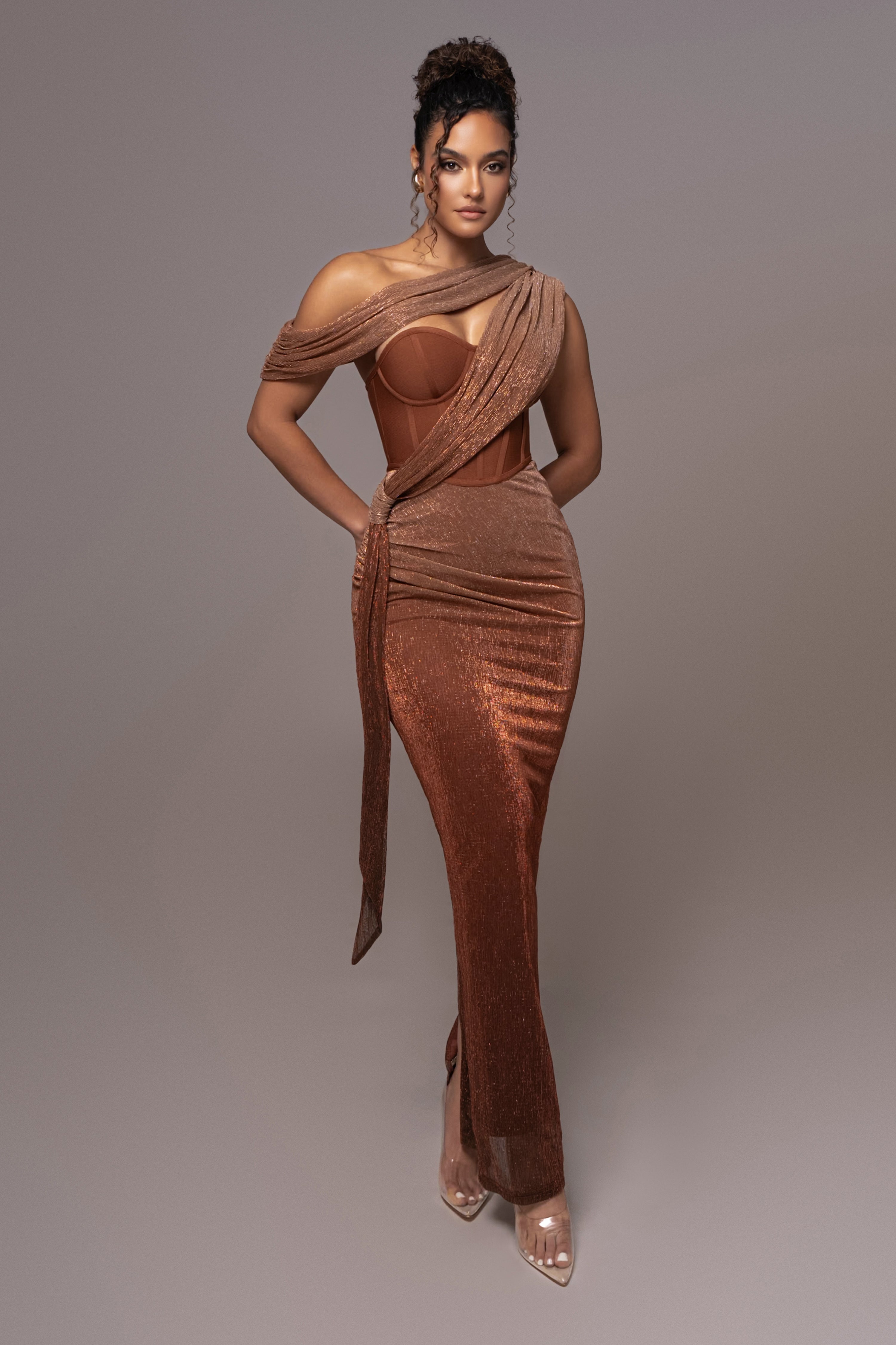 Gold Celestina Draped Maxi Dress - JLUXLABEL