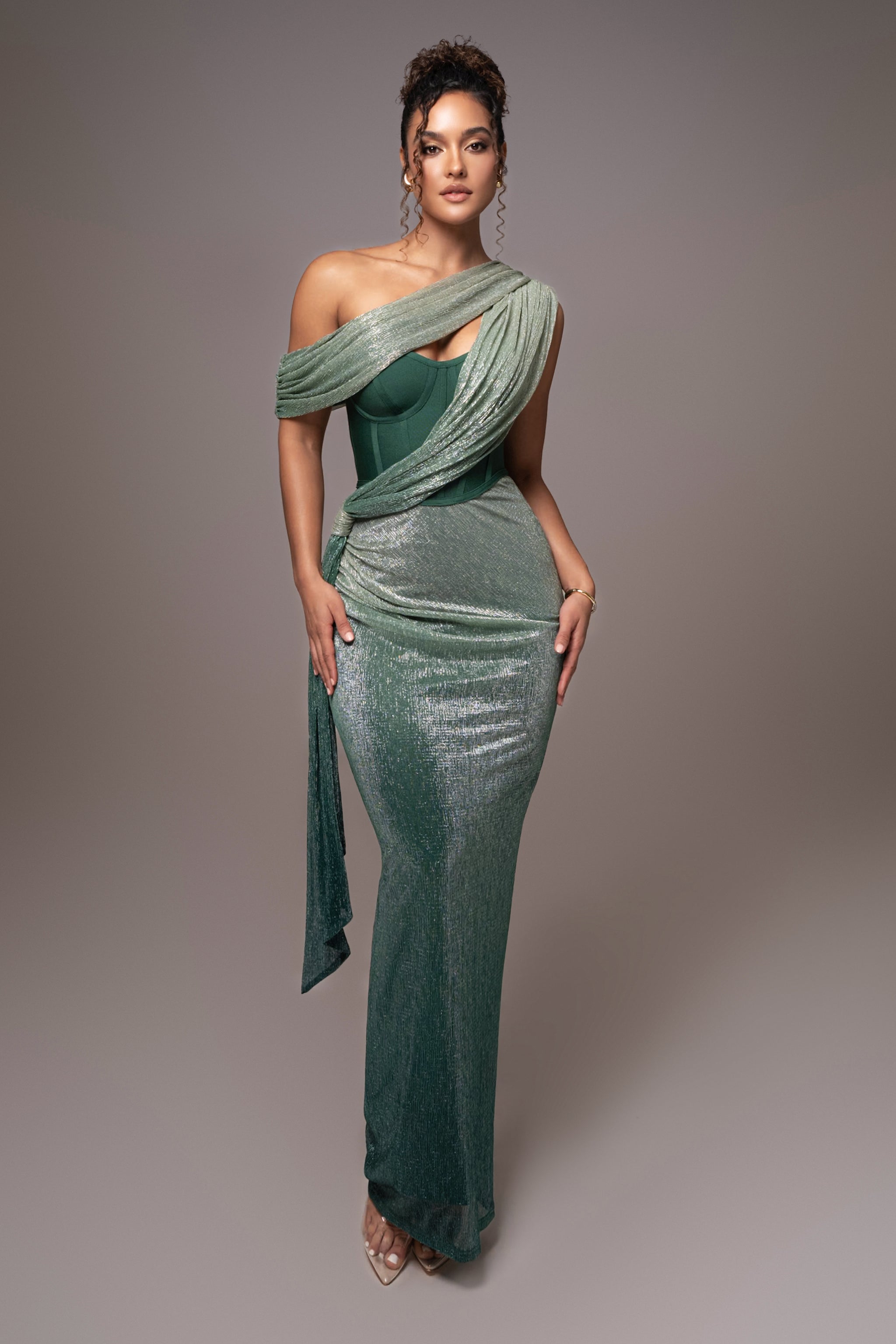 Alastrina | Dark Green High-Neck Maxi Dress With Gathered-Detailing