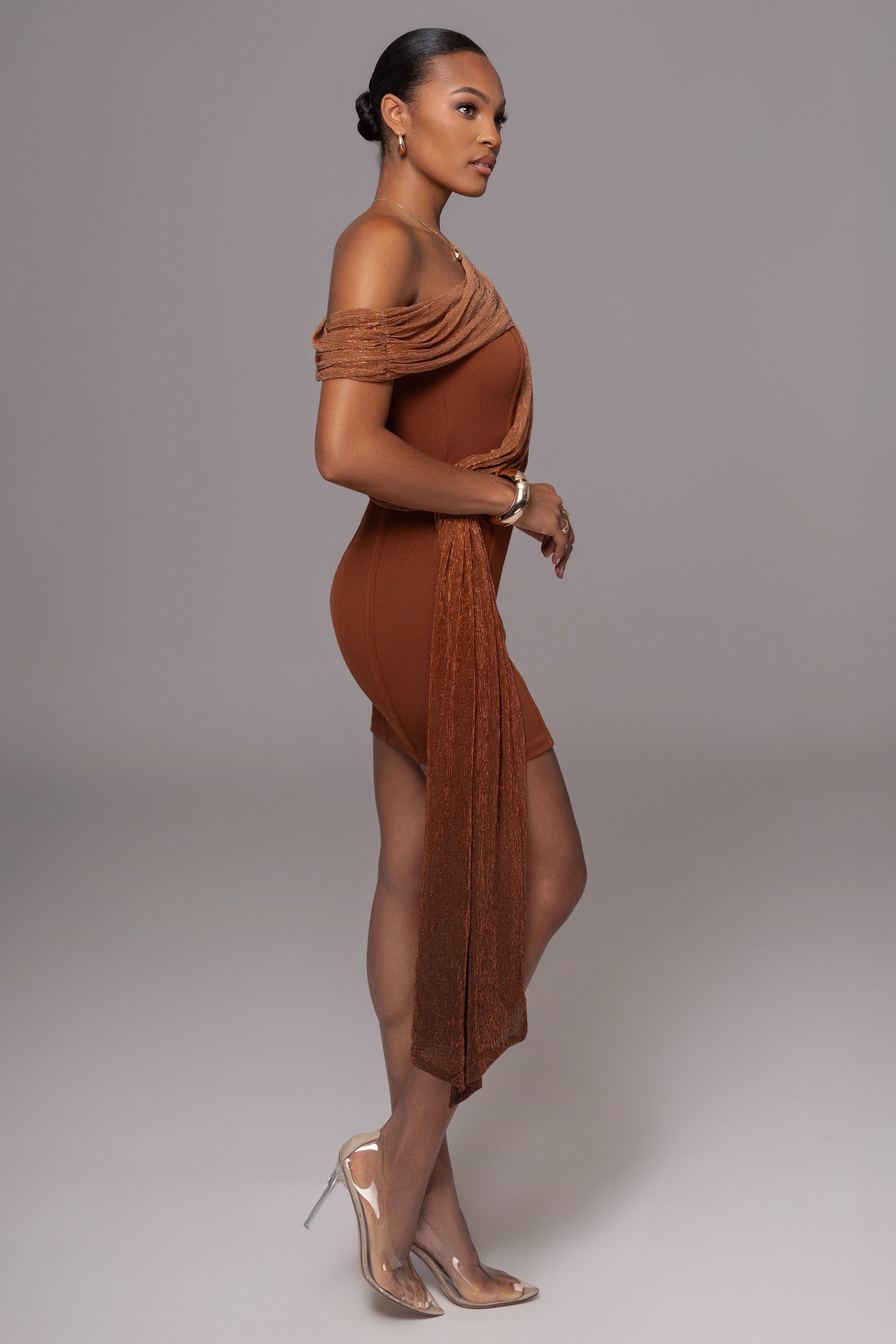 Bronze Asymmetric Drape Mini Dress - JLUXLABEL