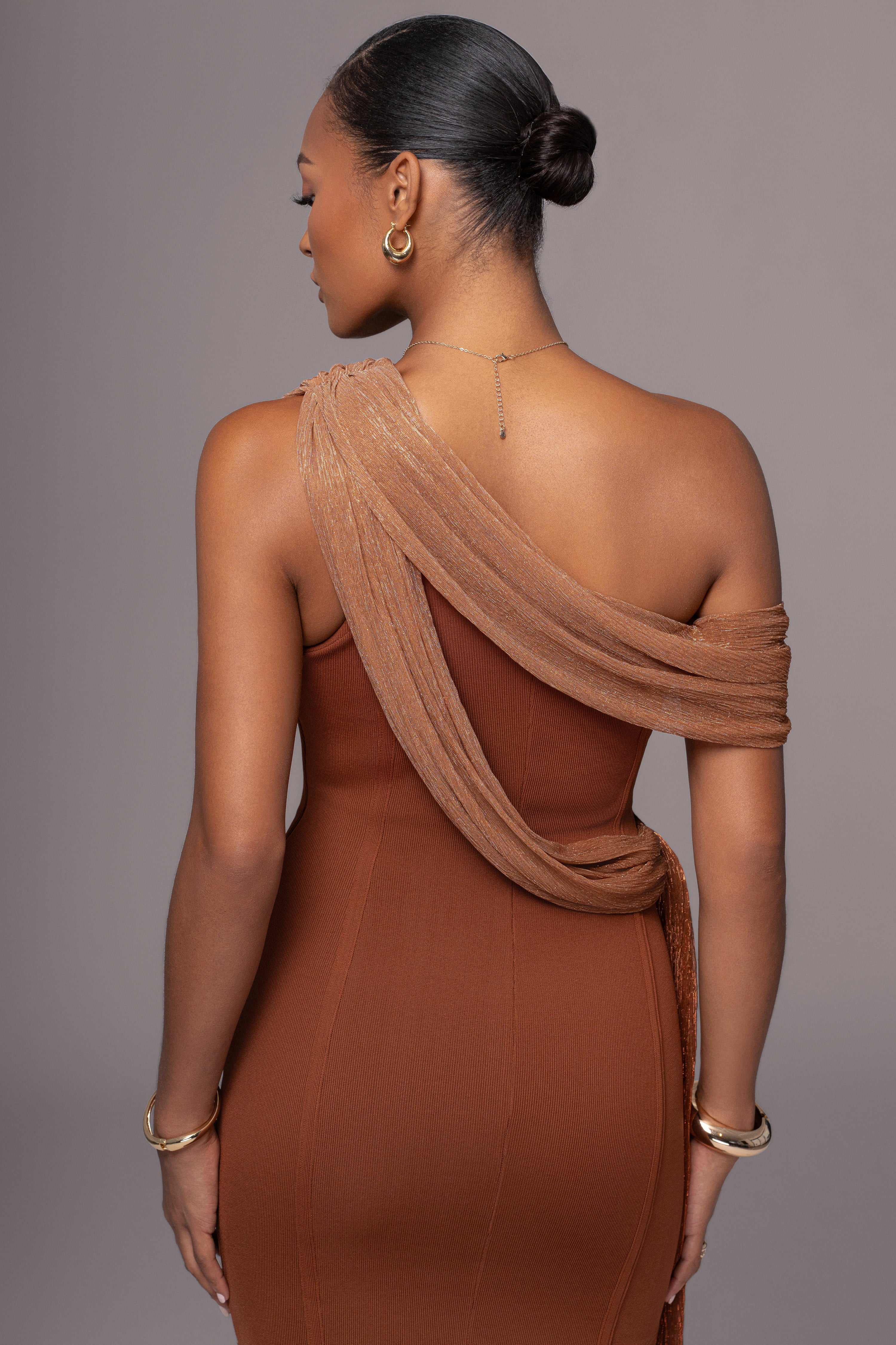 Bronze Asymmetric Drape Mini Dress - JLUXLABEL