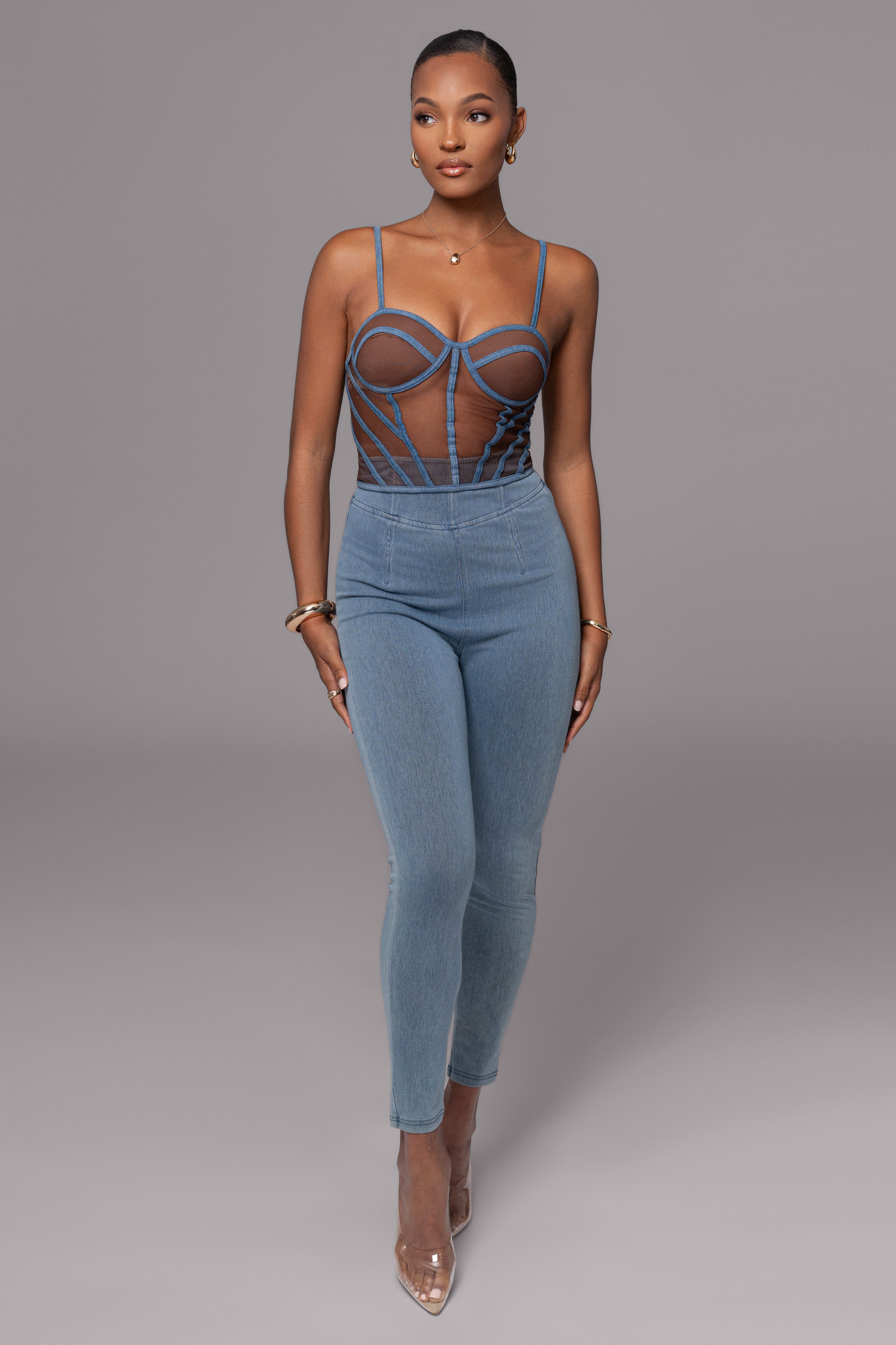 Dark Denim Illusion Mesh Bustier - JLUXLABEL