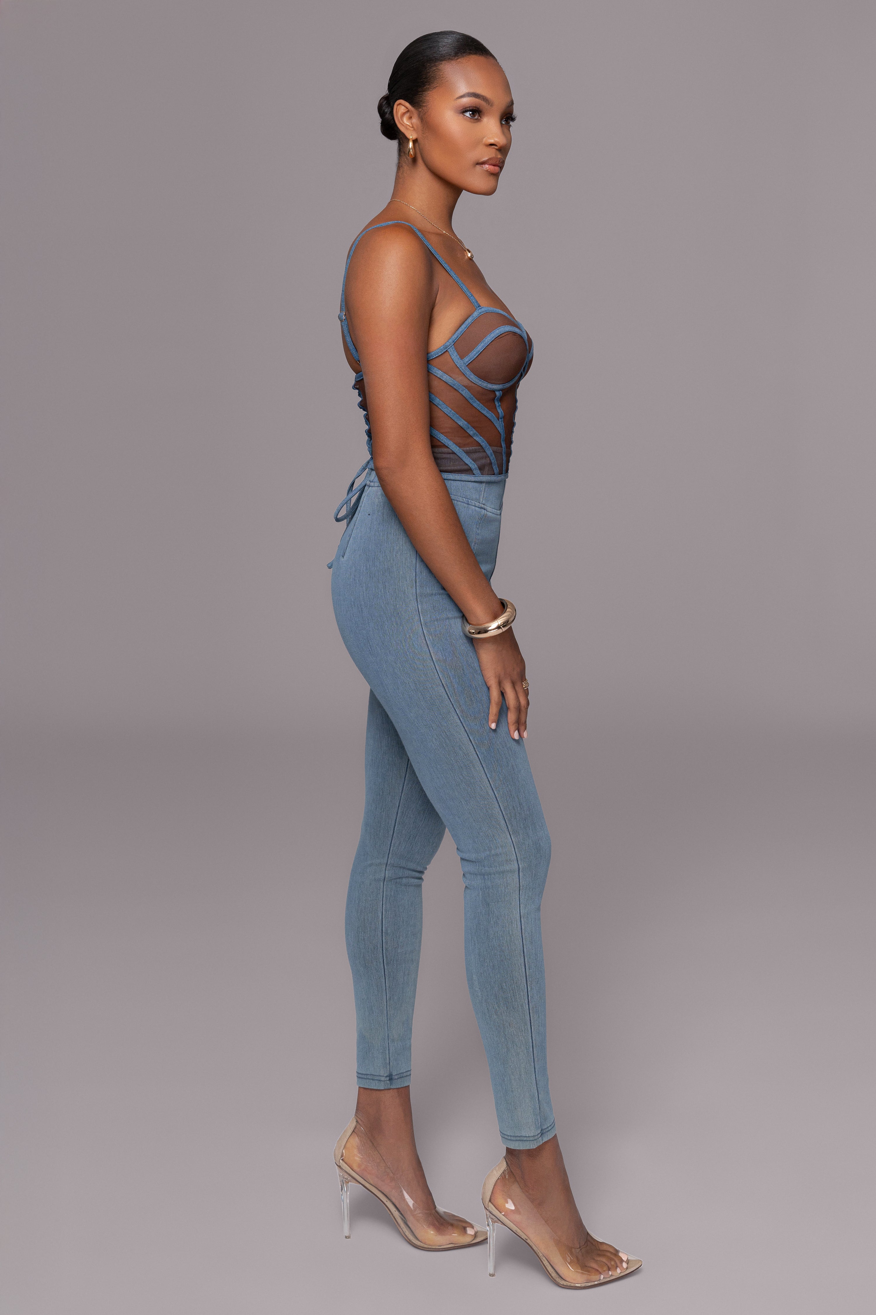 Dark Denim Illusion Mesh Bustier - JLUXLABEL
