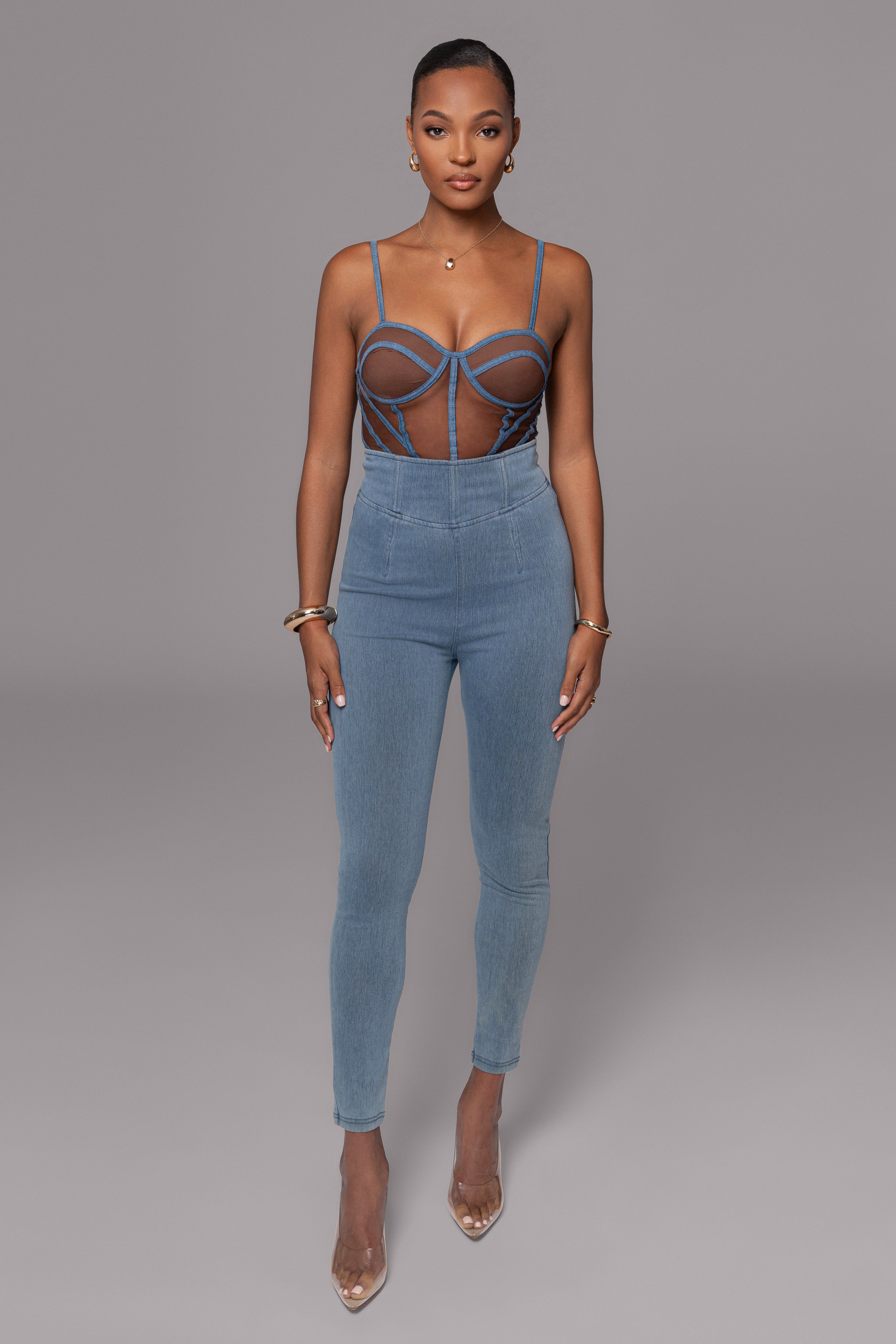 Dark Denim Illusion Mesh Bustier - JLUXLABEL