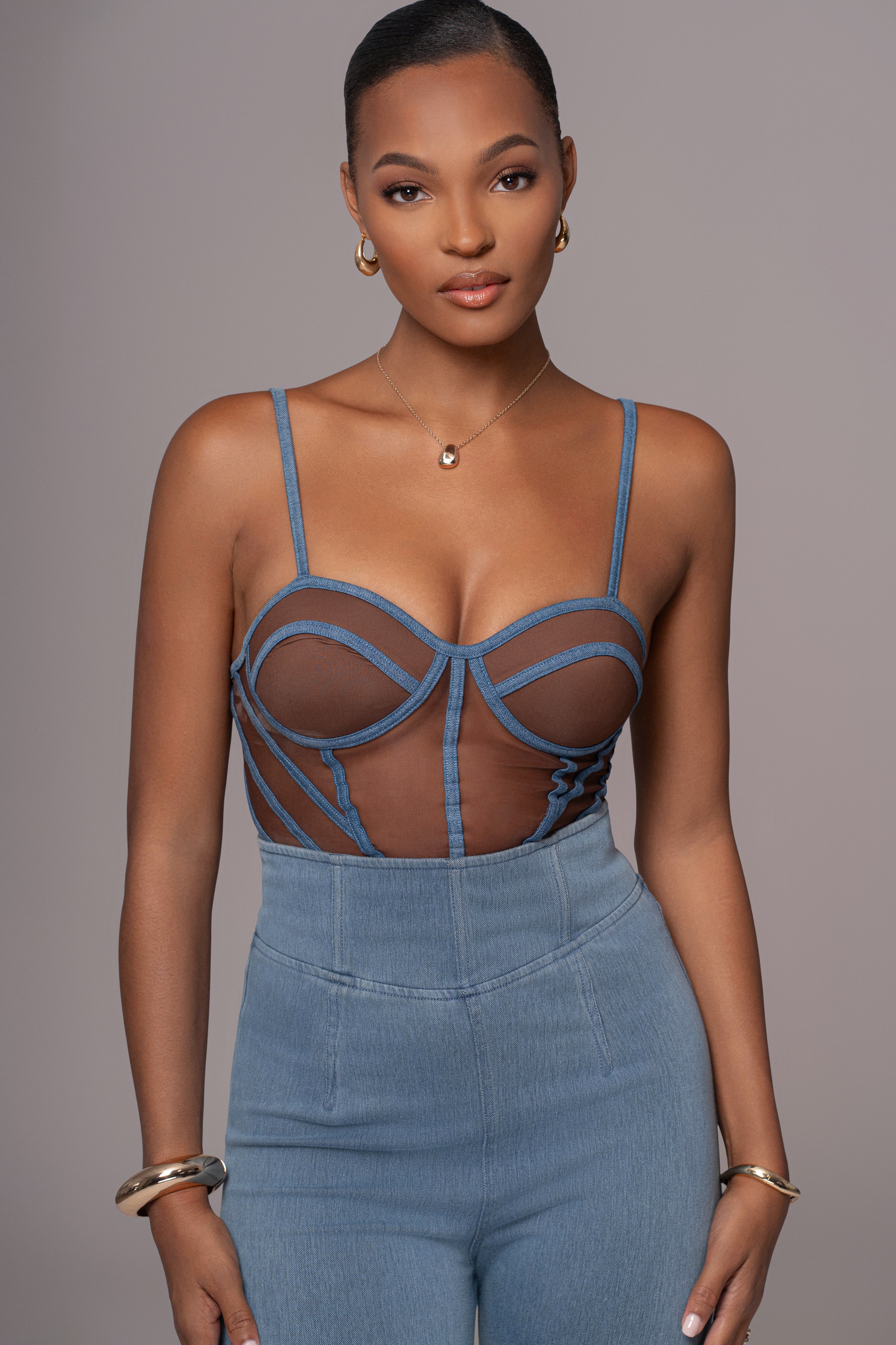 Dark Denim Illusion Mesh Bustier - JLUXLABEL